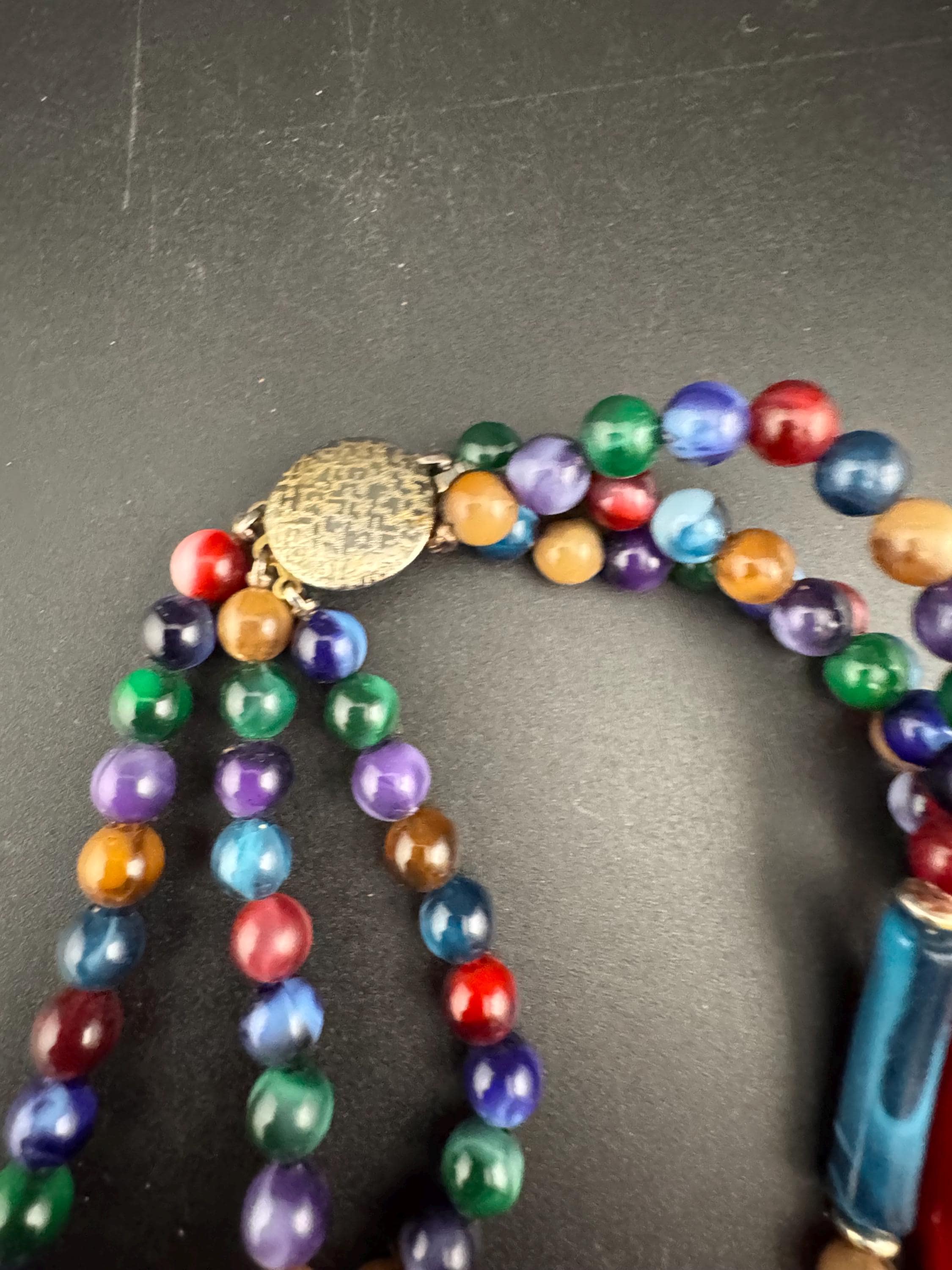 Vintage stunning green purple brown and red plastic tubular beaded lucite Multistrand wrap collar necklace 45cm