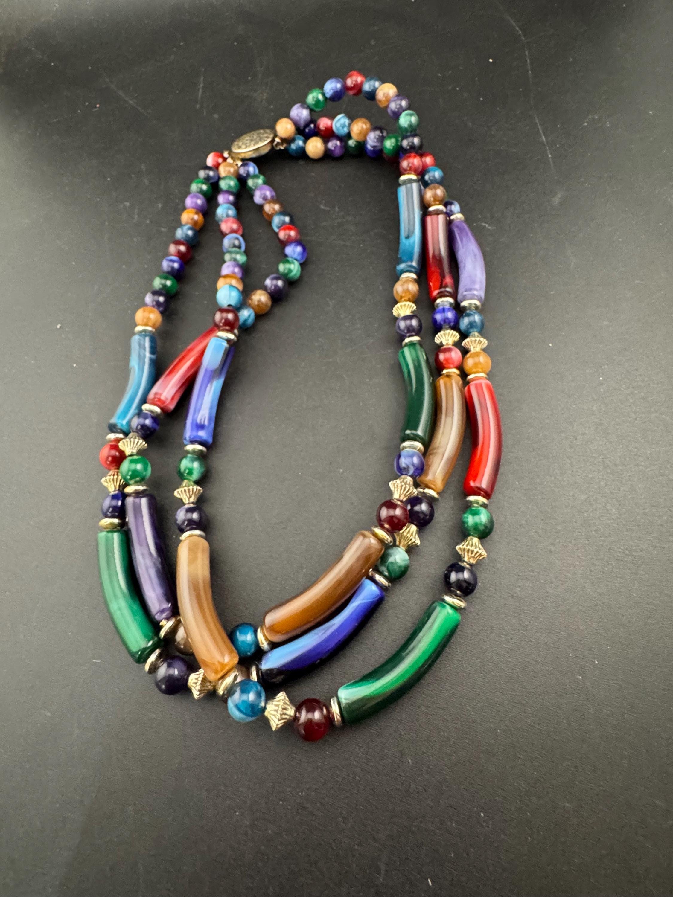 Vintage stunning green purple brown and red plastic tubular beaded lucite Multistrand wrap collar necklace 45cm