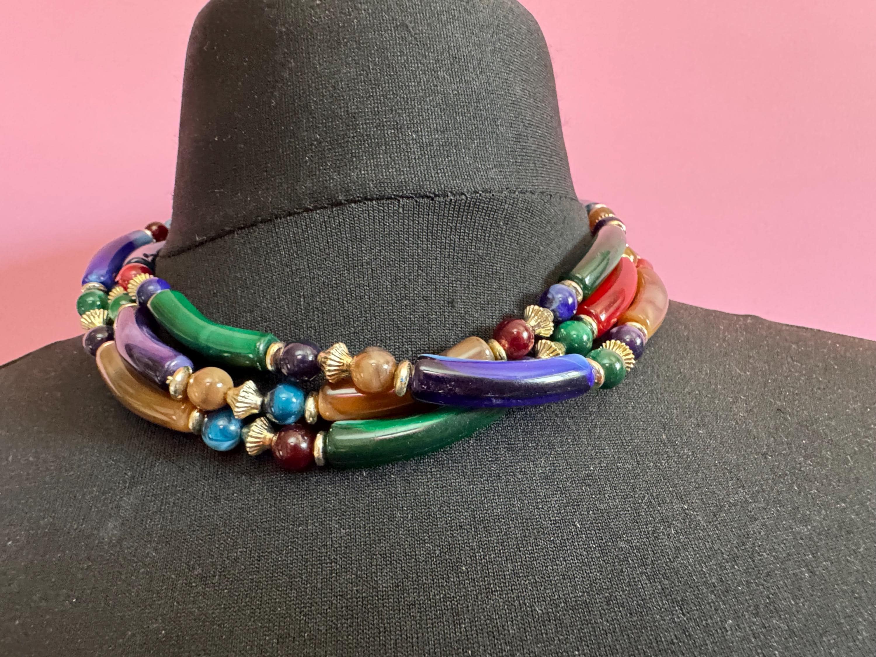 Vintage stunning green purple brown and red plastic tubular beaded lucite Multistrand wrap collar necklace 45cm