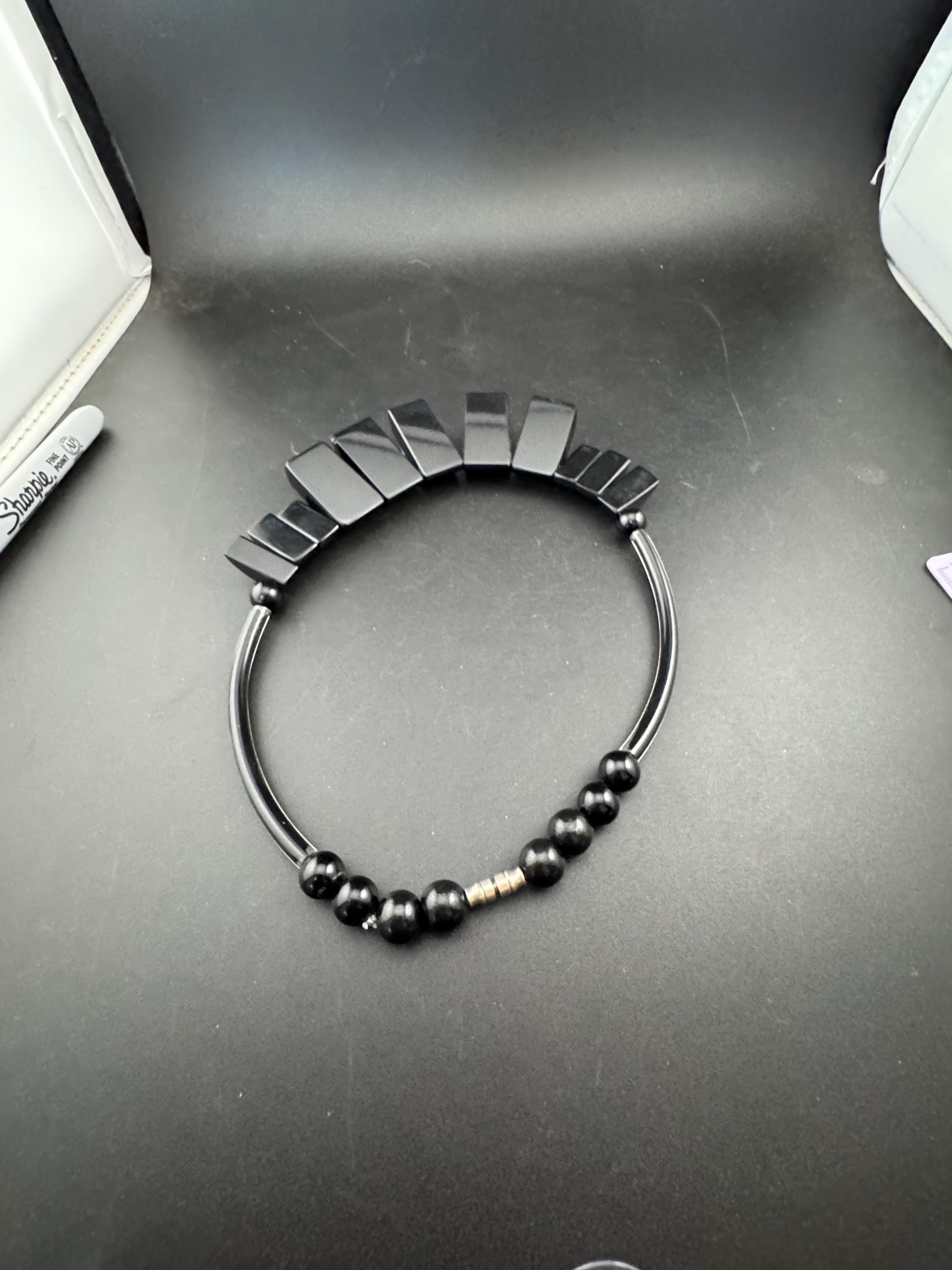 Vintage early plastic beaded black scenic cottage countryside panel necklace, Clarice cliff meets Lee sands