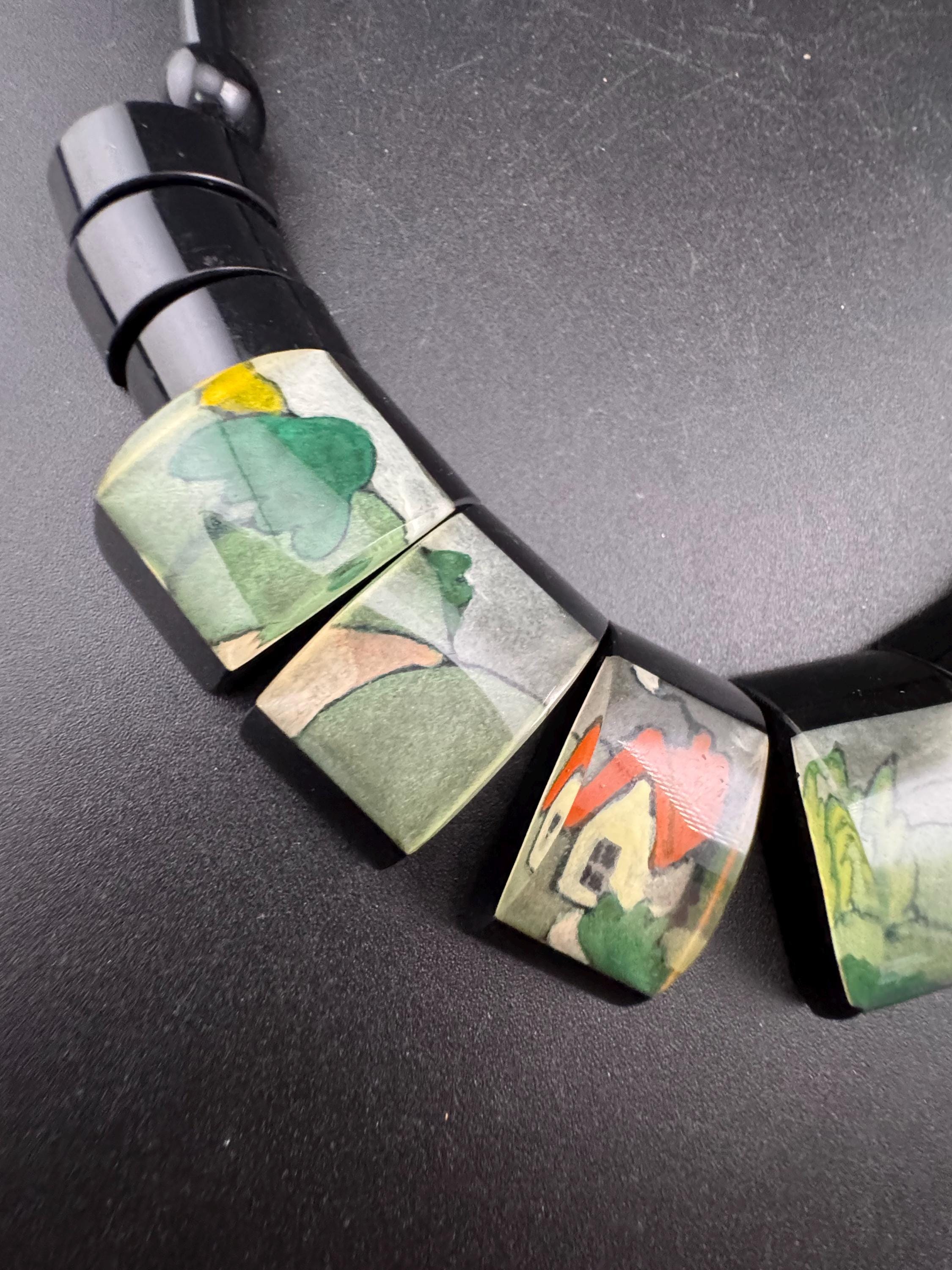 Vintage early plastic beaded black scenic cottage countryside panel necklace, Clarice cliff meets Lee sands