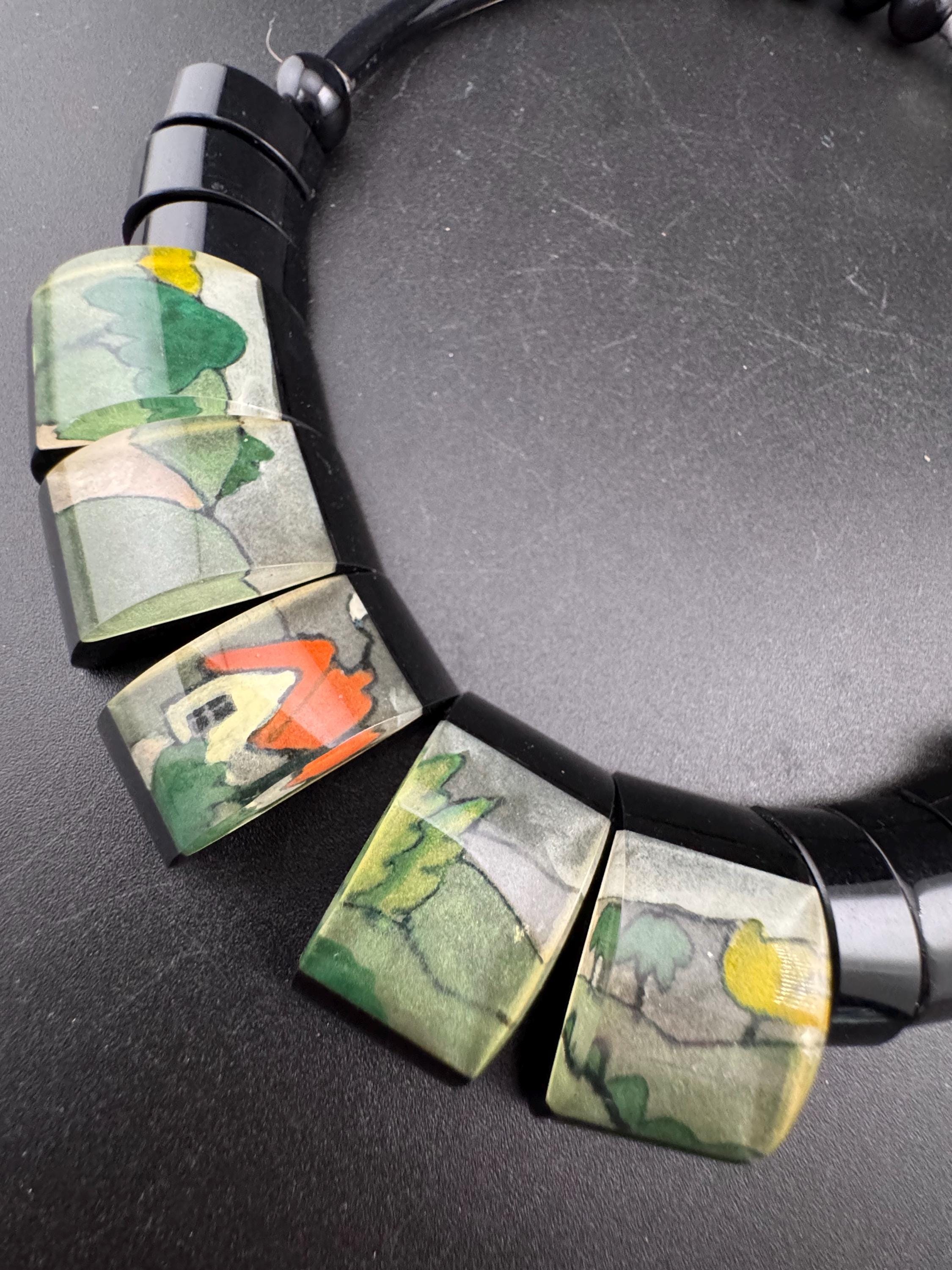 Vintage early plastic beaded black scenic cottage countryside panel necklace, Clarice cliff meets Lee sands