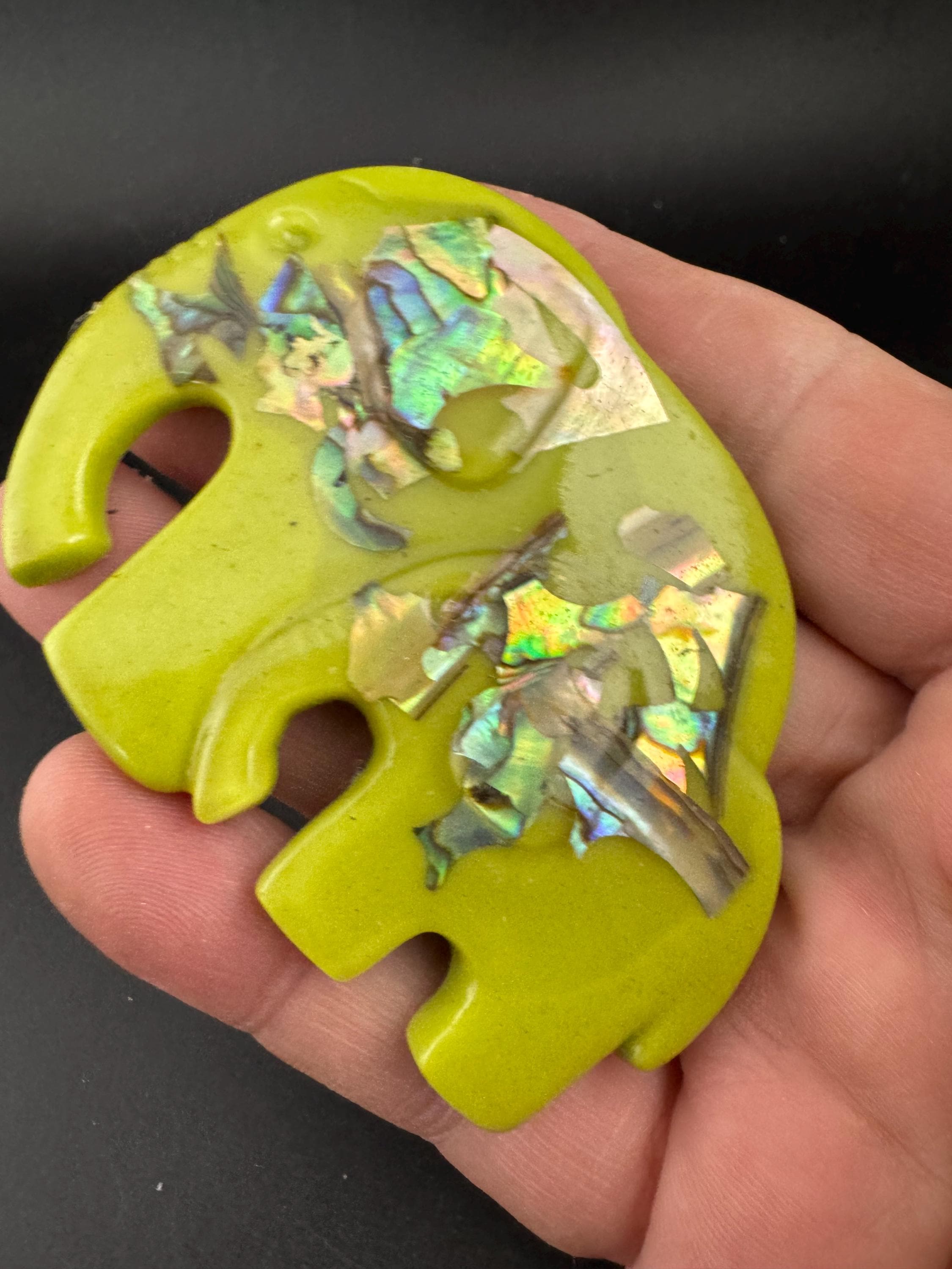 big lime green elephant and baby brooch inset with abalone shell, early plastic 1960s