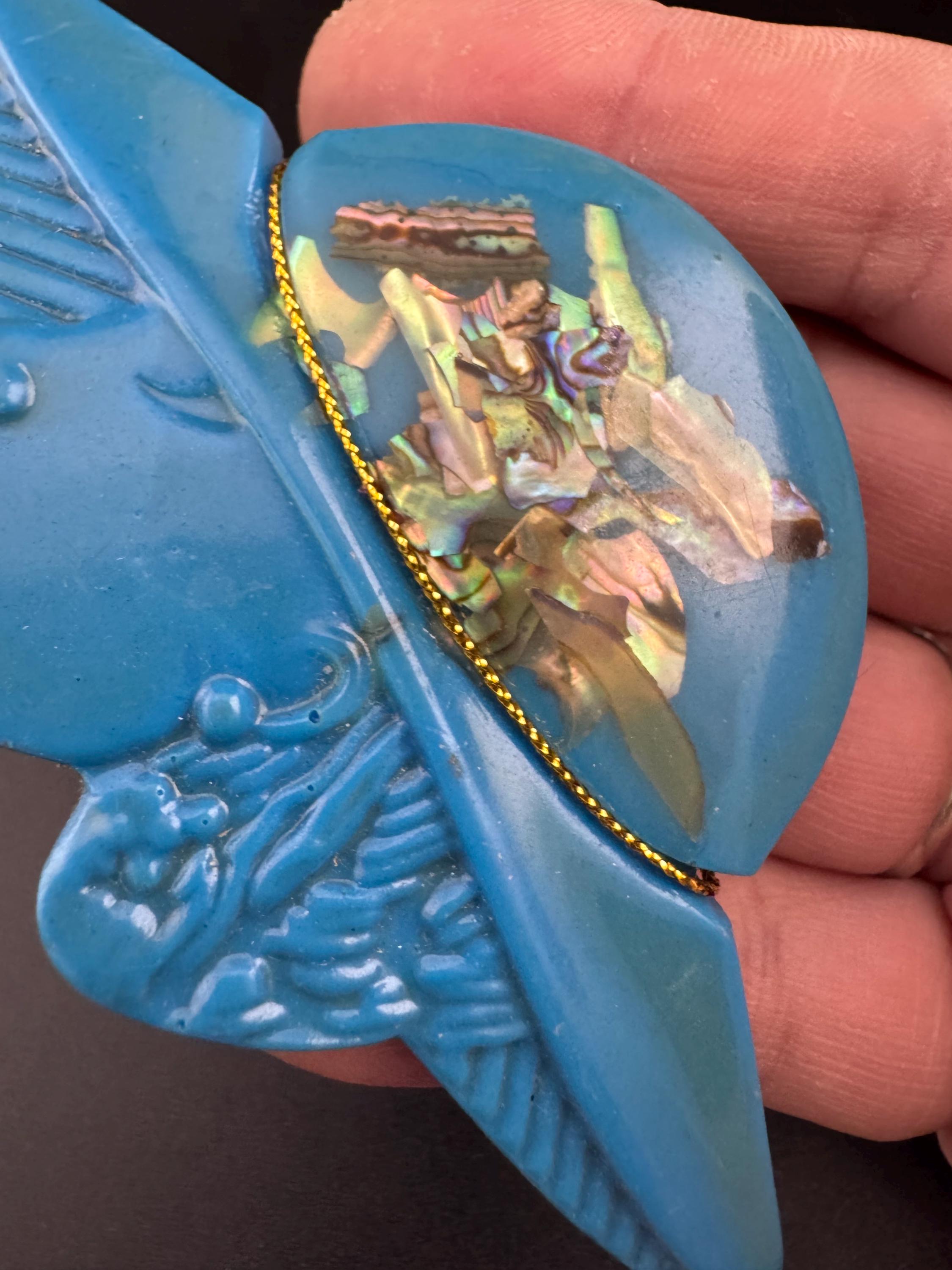 Oversized vintage lady in wide brimmed hat blue brooch inset with abalone shell, early plastic 1960s