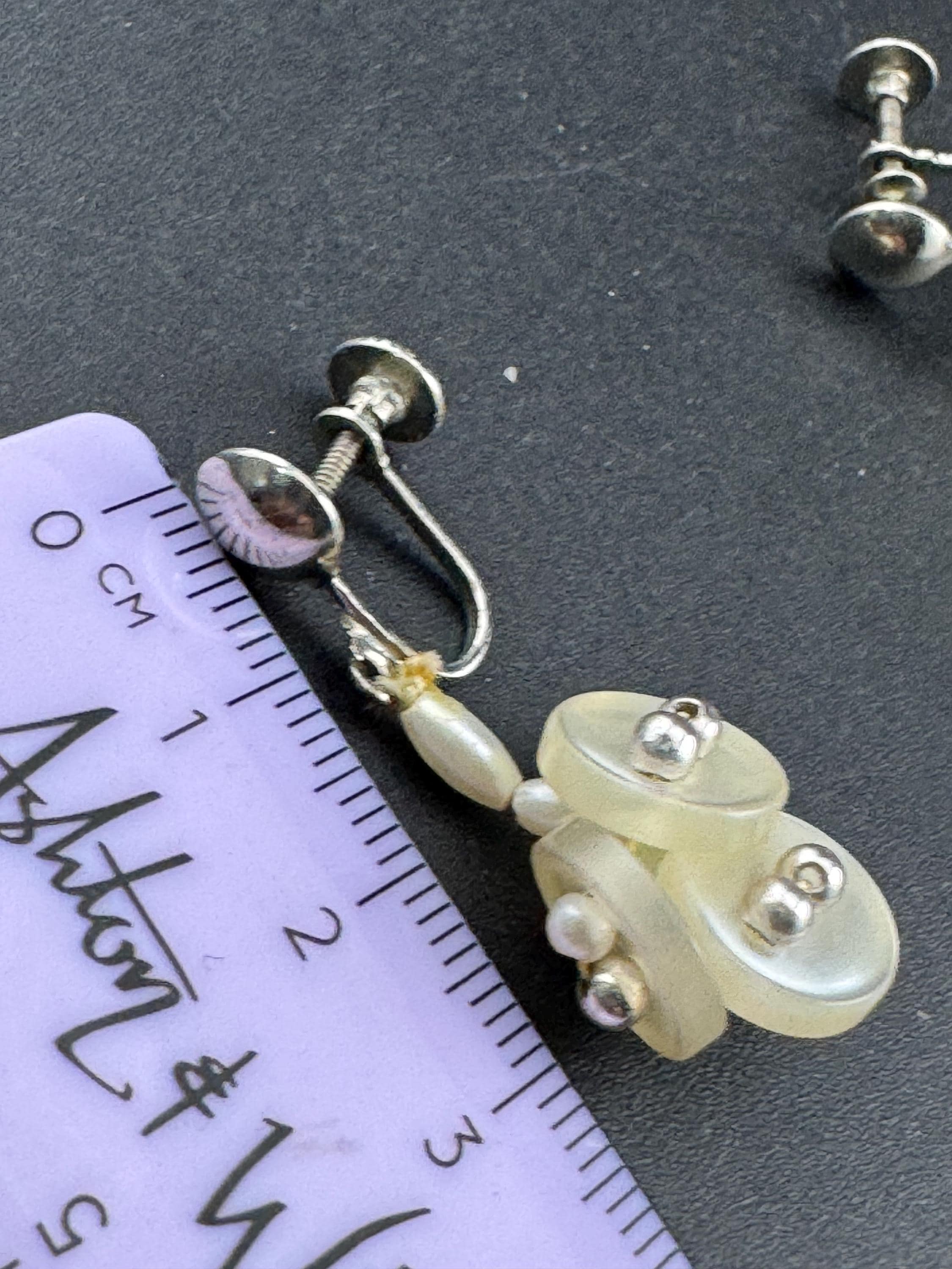 vintage make do and mend cute plastic pearl button earrings, silvertone beaded with Screw Back fitting 1930s 1940s