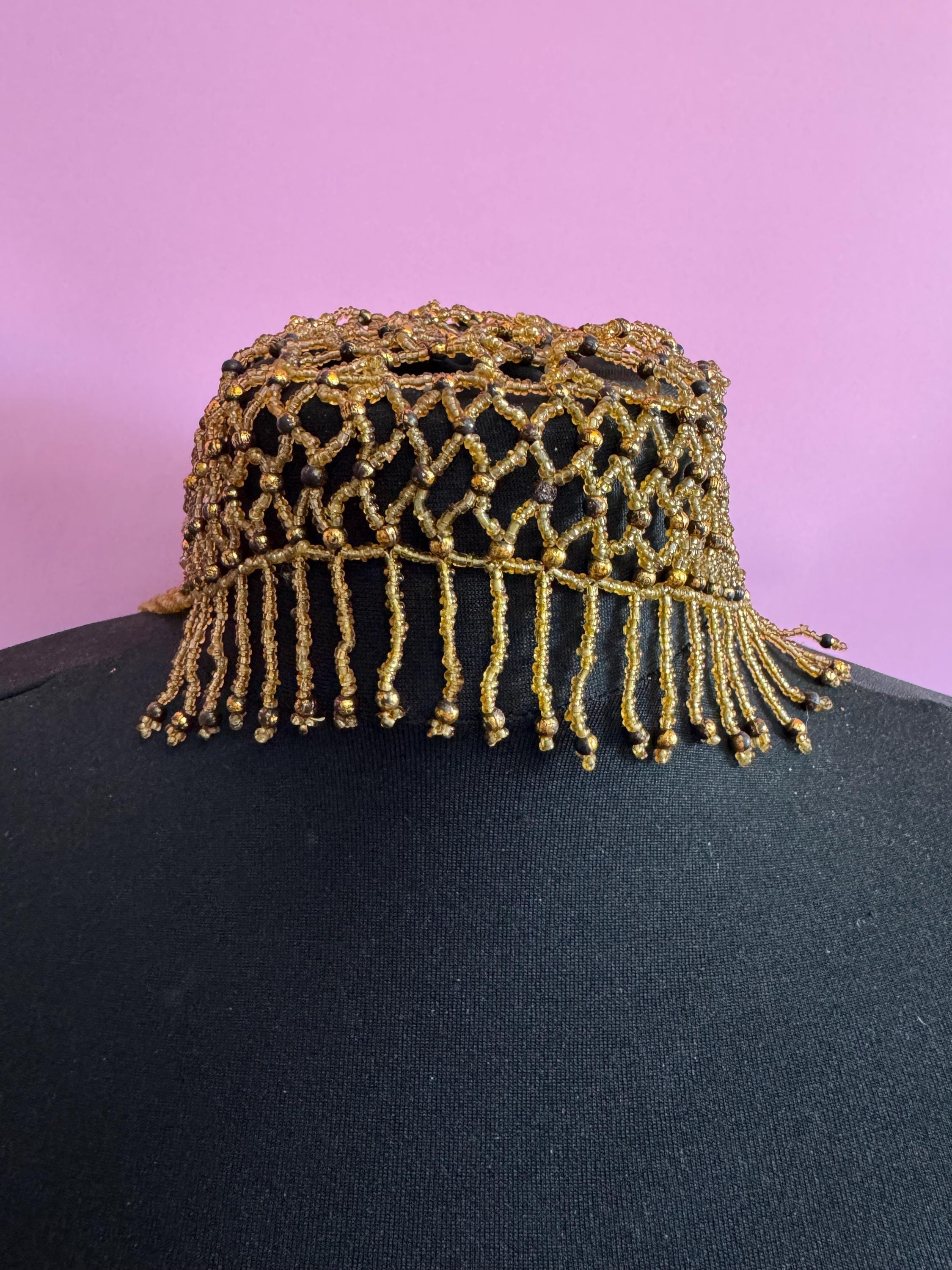 Quirky bronze brown glass seed beaded art deco style head piece bead cloche headress