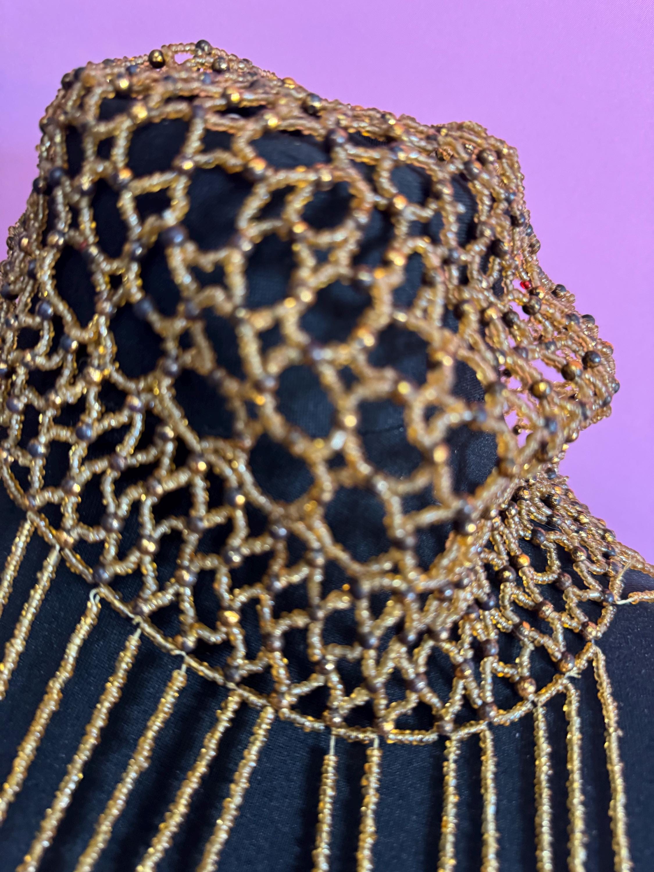 Quirky bronze brown glass seed beaded art deco style head piece bead cloche headress