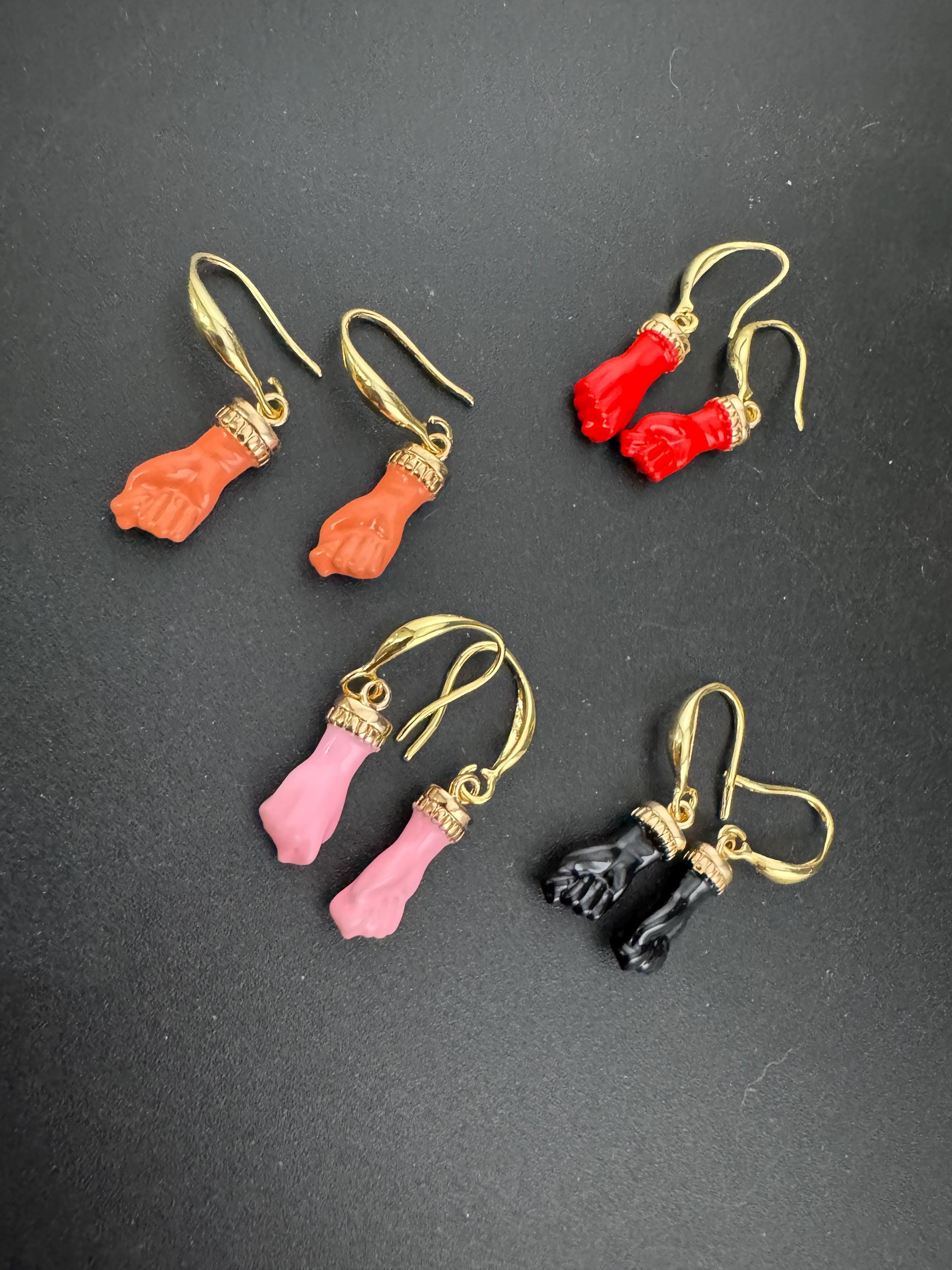 18k gold plated red, black, pink and coral enamel figa hand fist dangly drop earrings , GP earwires , Victorian style