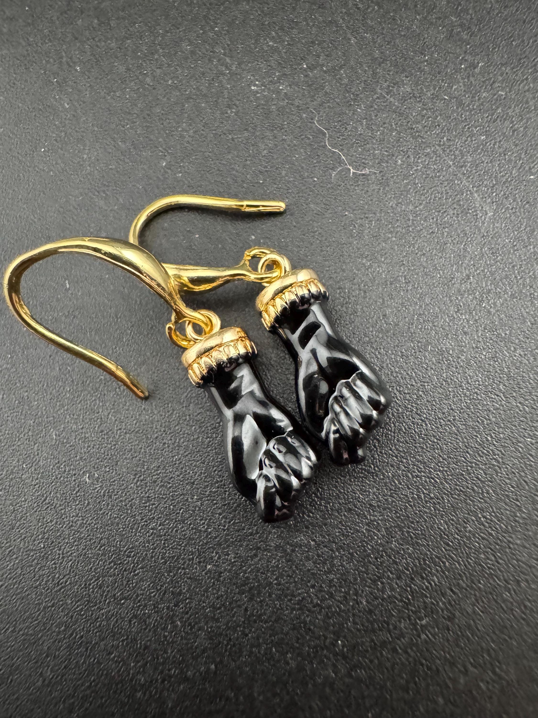 18k gold plated red, black, pink and coral enamel figa hand fist dangly drop earrings , GP earwires , Victorian style