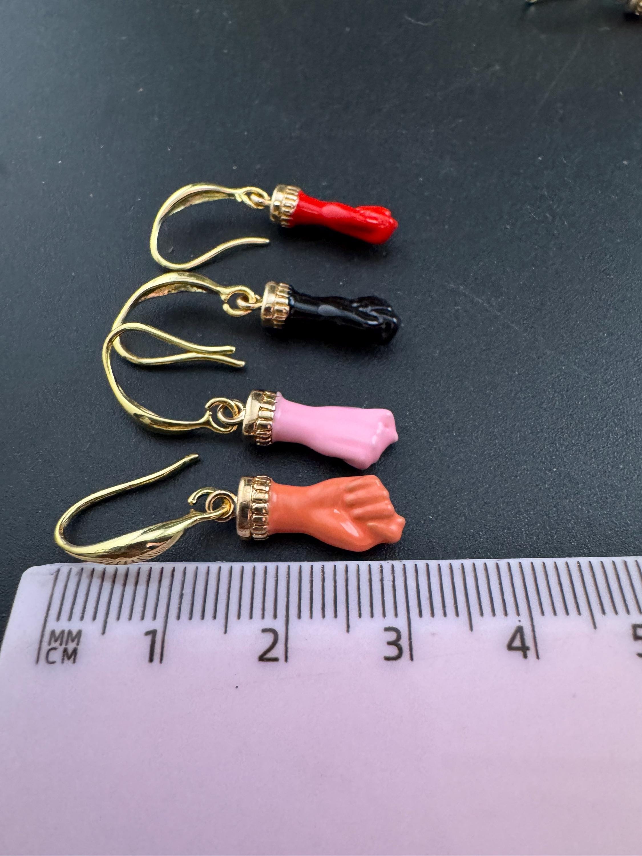 18k gold plated red, black, pink and coral enamel figa hand fist dangly drop earrings , GP earwires , Victorian style