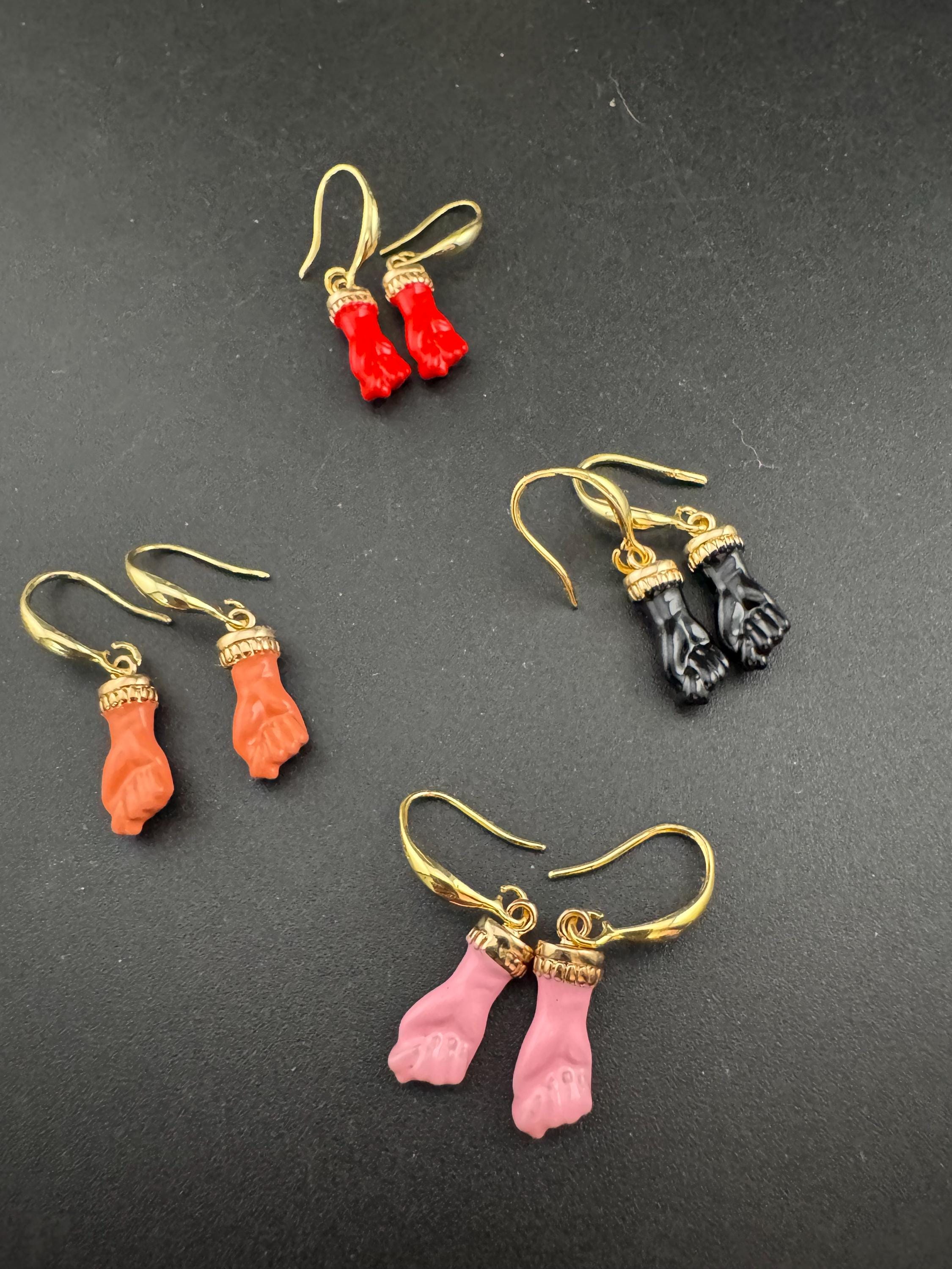 18k gold plated red, black, pink and coral enamel figa hand fist dangly drop earrings , GP earwires , Victorian style