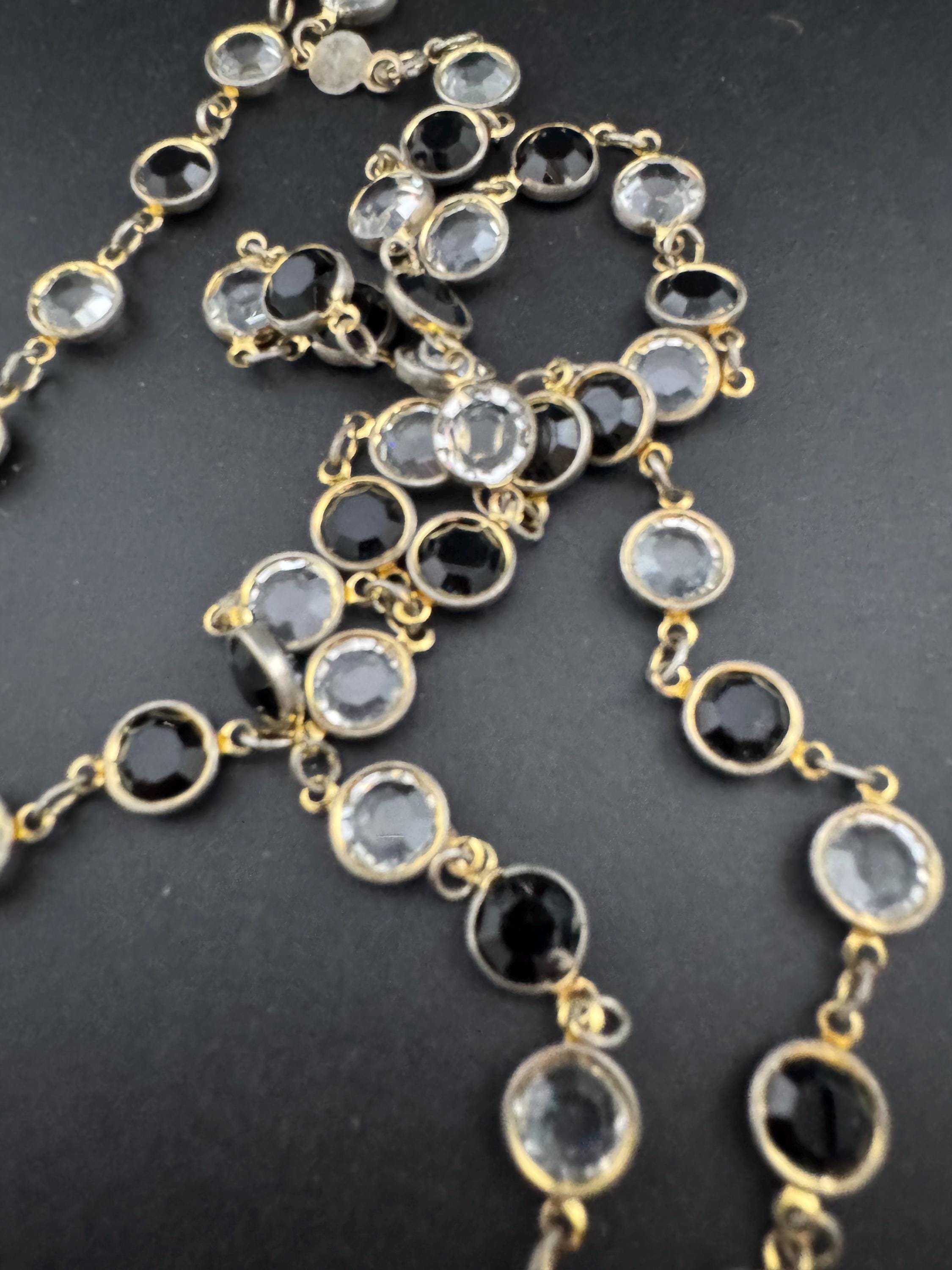 Austrian crystal signed Rivière bezel set black clear glass faceted glass vintage gold tone chain necklace 75cm long length