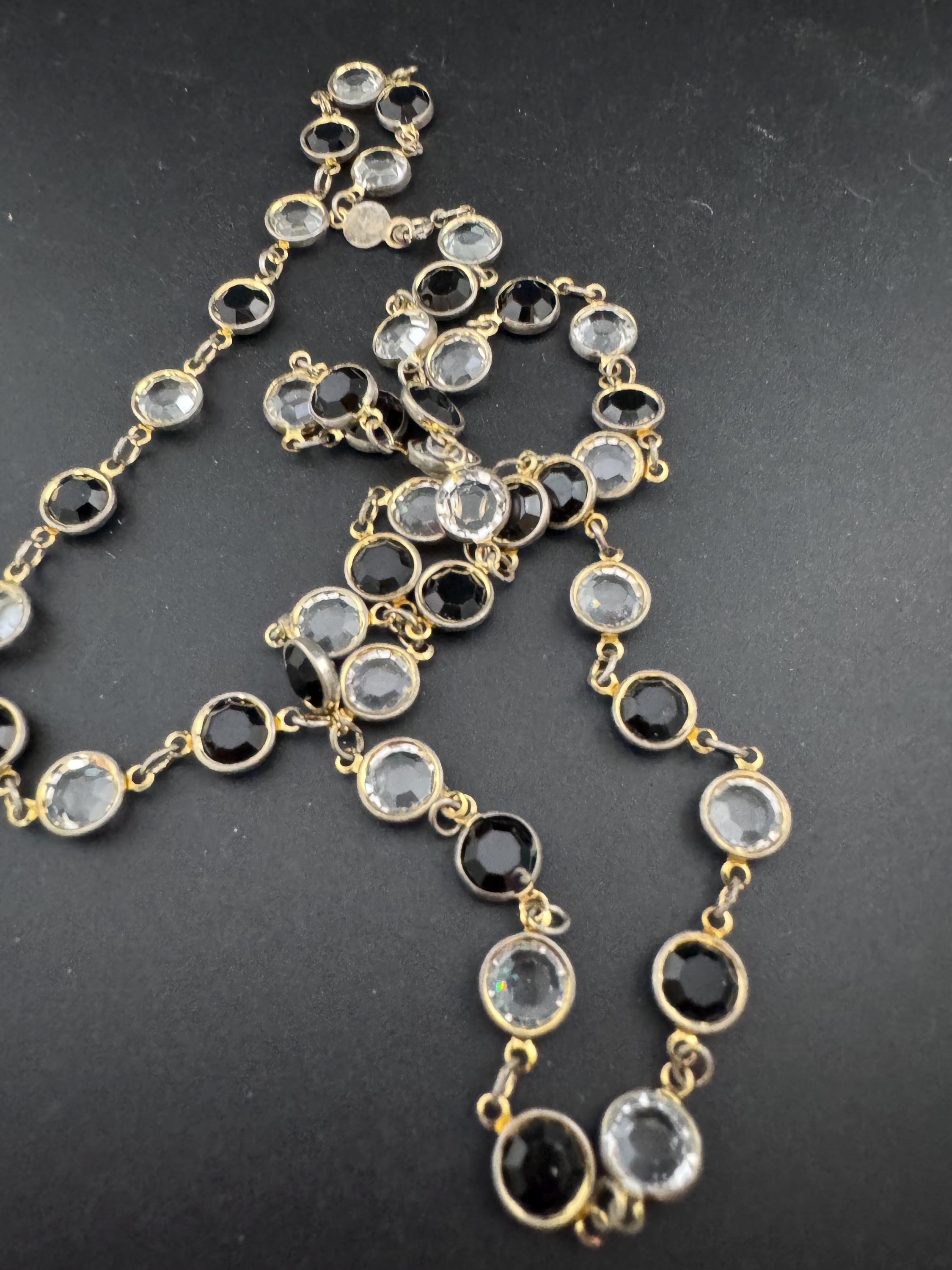 Austrian crystal signed Rivière bezel set black clear glass faceted glass vintage gold tone chain necklace 75cm long length