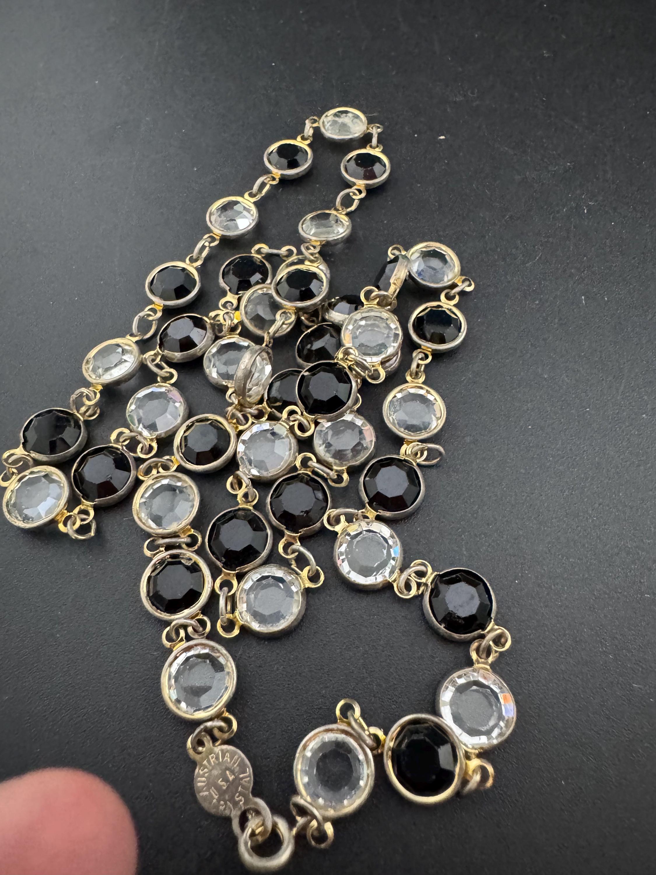 Austrian crystal signed Rivière bezel set black clear glass faceted glass vintage gold tone chain necklace 75cm long length