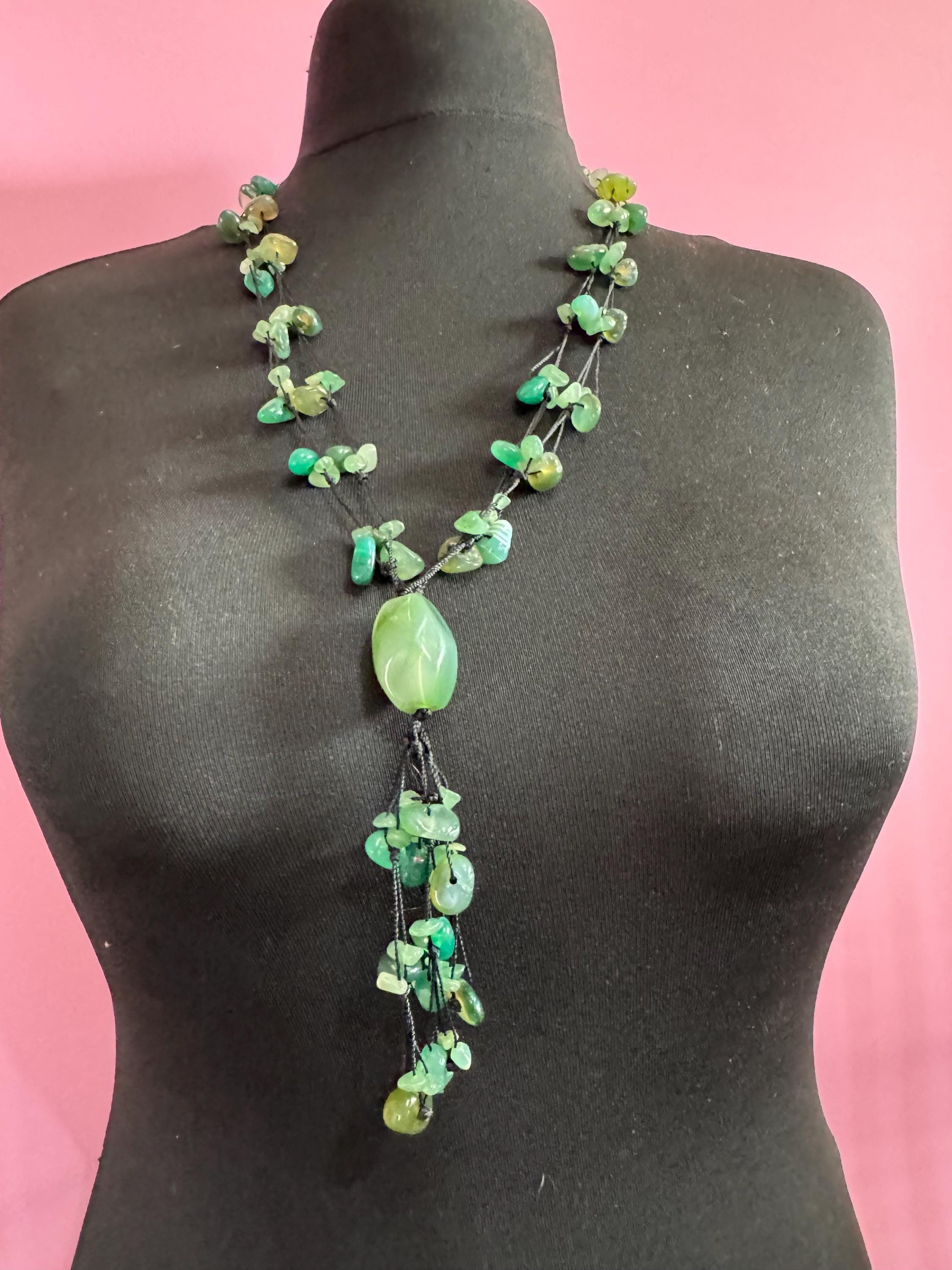 Vintage Green adventurine long Beaded woven tassel drop Necklace natural gemstone agate beads 74cm