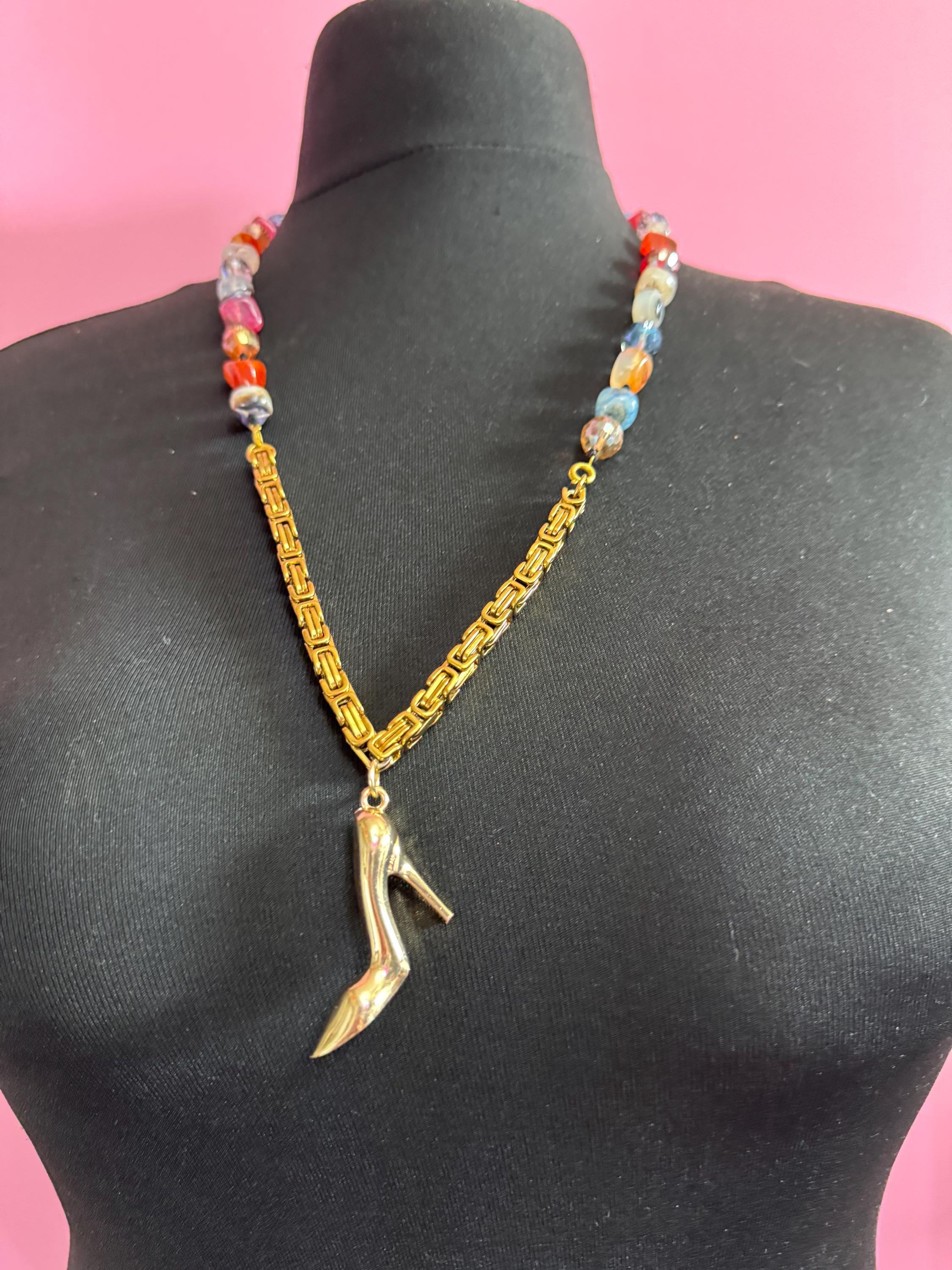 Quirky retro long beaded natural gemstone necklace with a gold stiletto heel pendant 72cm