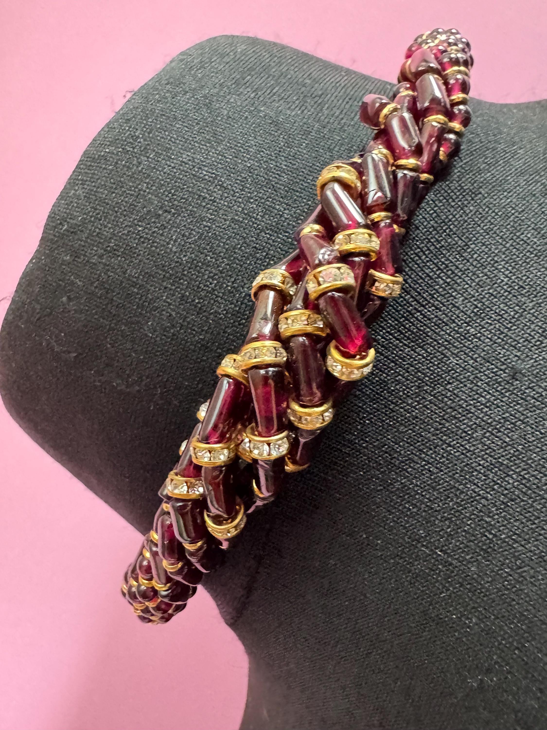 Retro natural garnet red purple gemstone beaded choker necklace 42cm set with clear diamanté