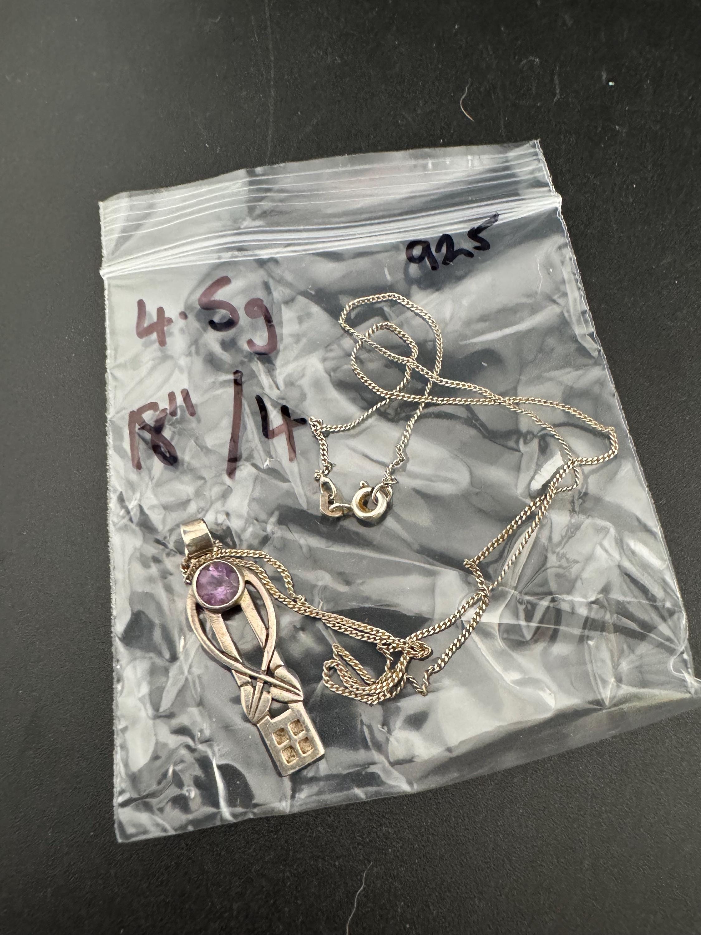 925 sterling Silver amethyst gemstone pendant necklace Charles Rennie Mackintosh style, arts & crafts