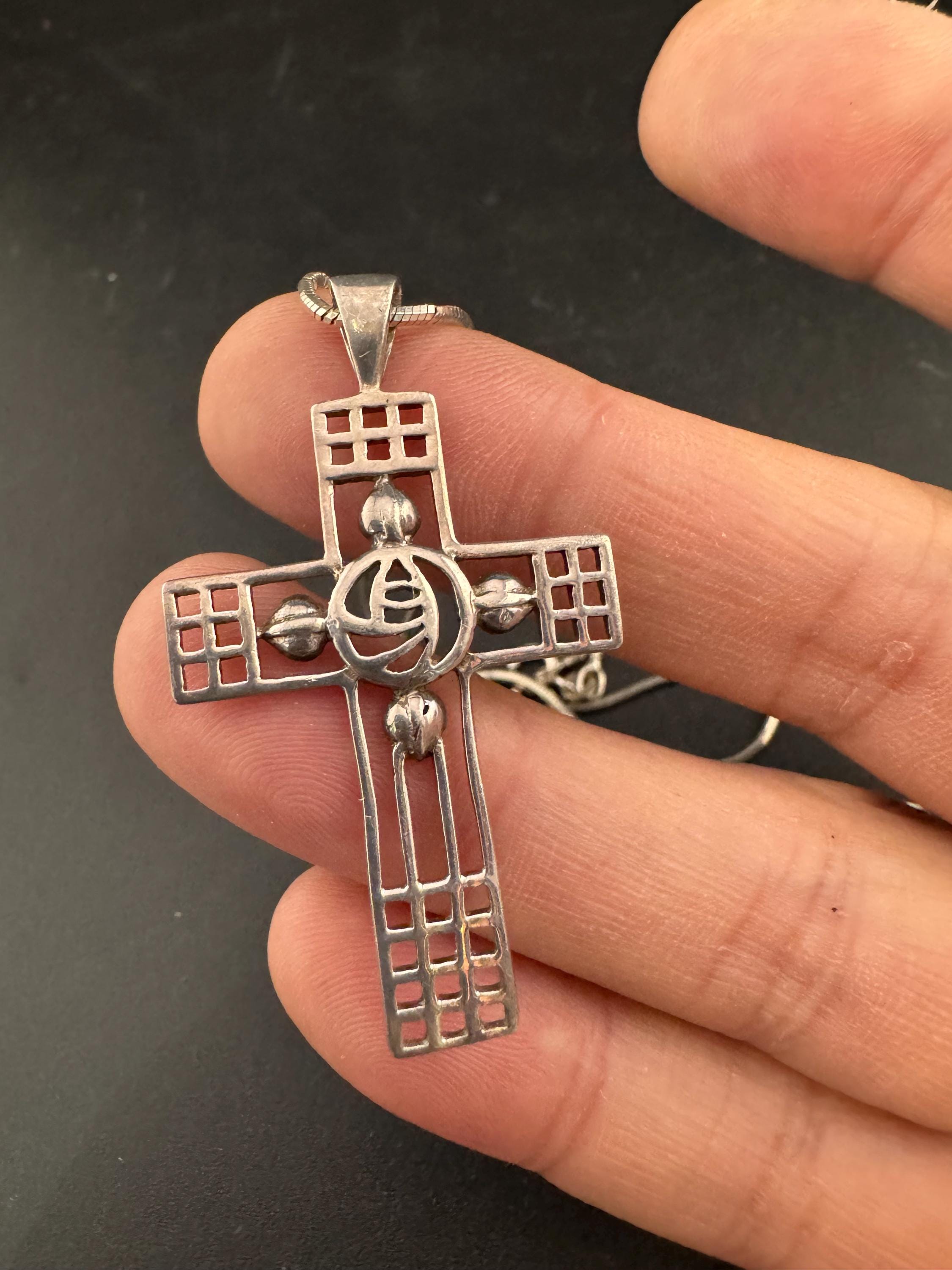 Sterling Silver Openwork Cross Pendant Necklace: Mackintosh Style