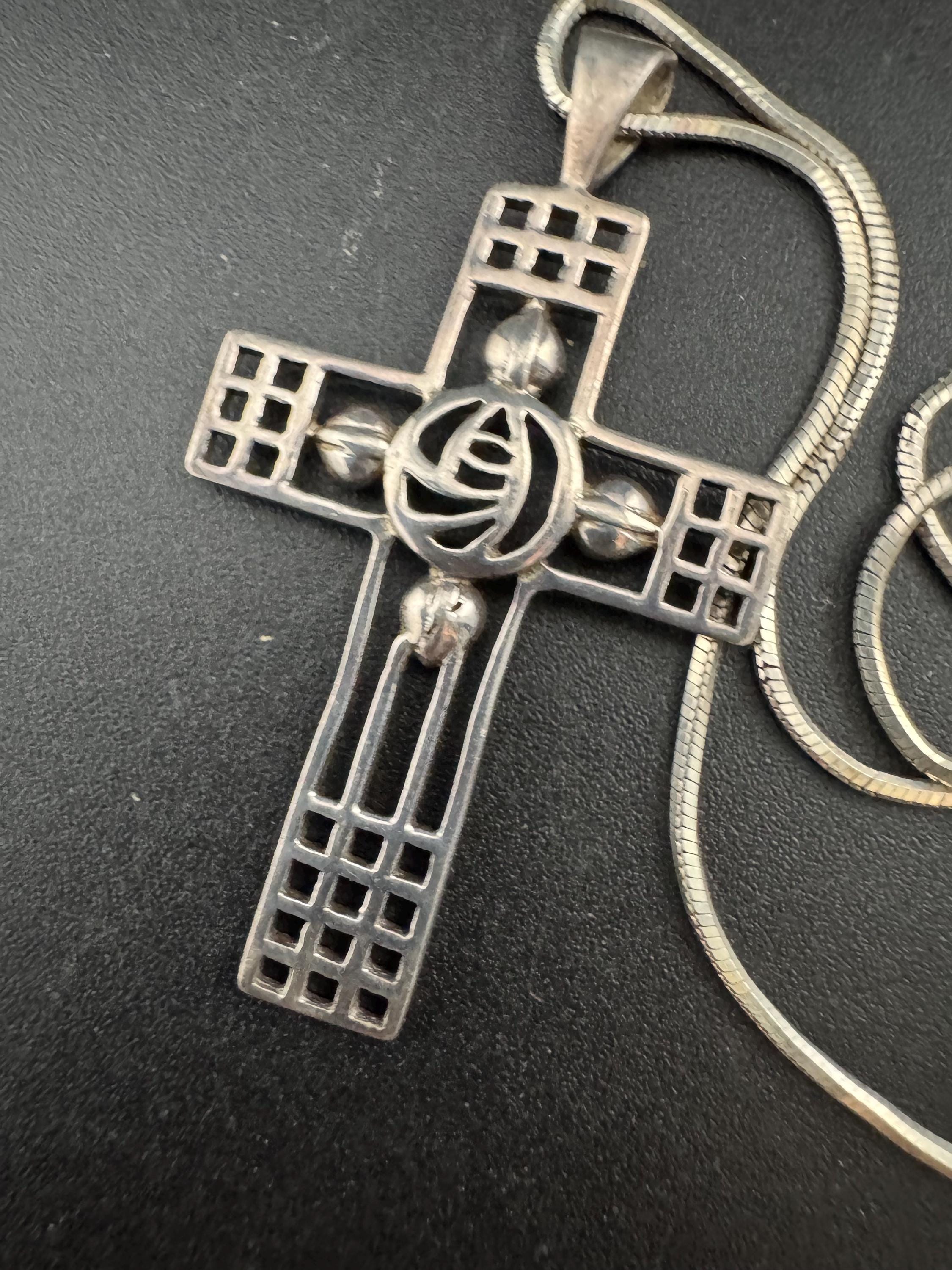 Sterling Silver Openwork Cross Pendant Necklace: Mackintosh Style