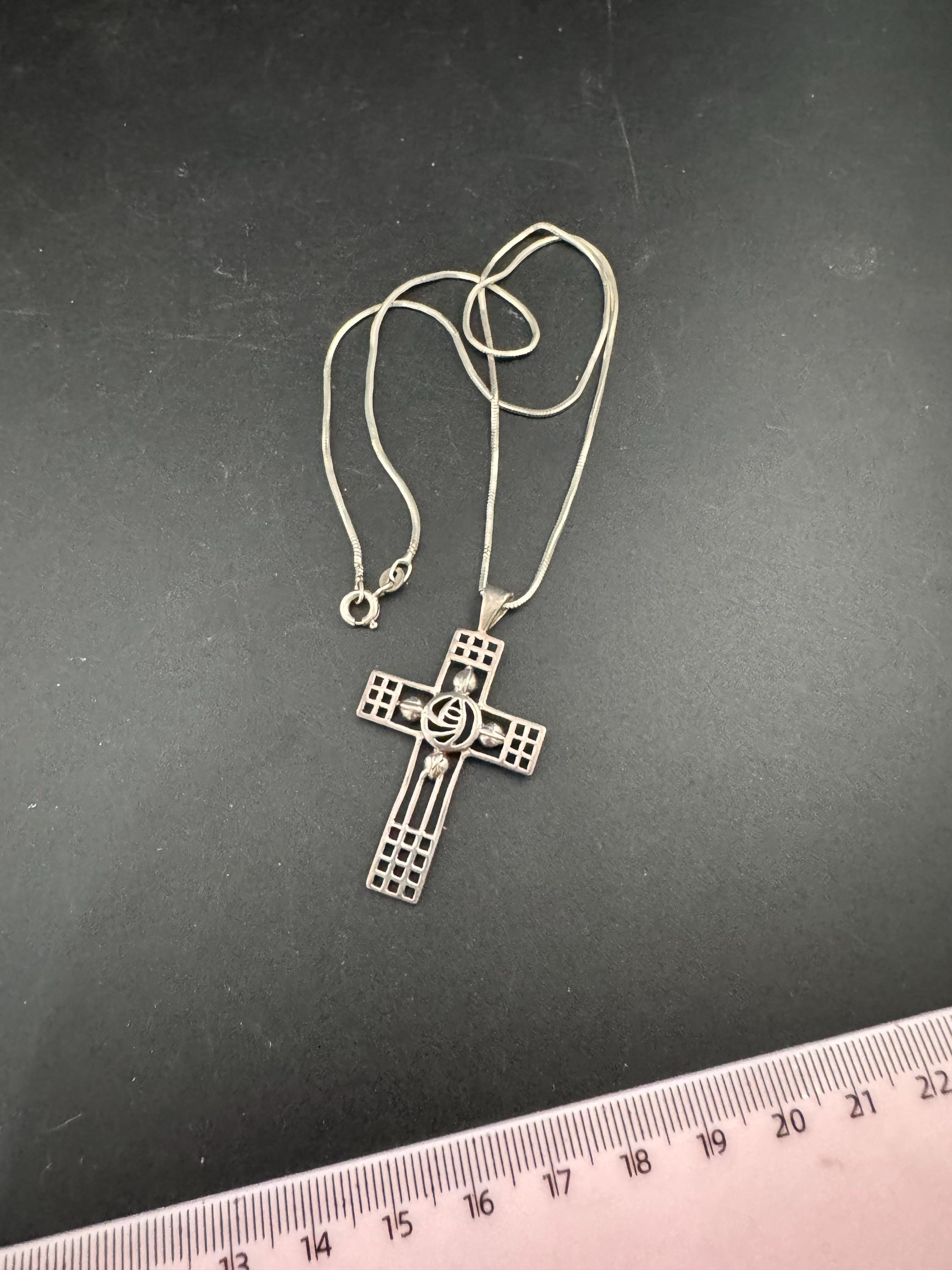 Sterling Silver Openwork Cross Pendant Necklace: Mackintosh Style