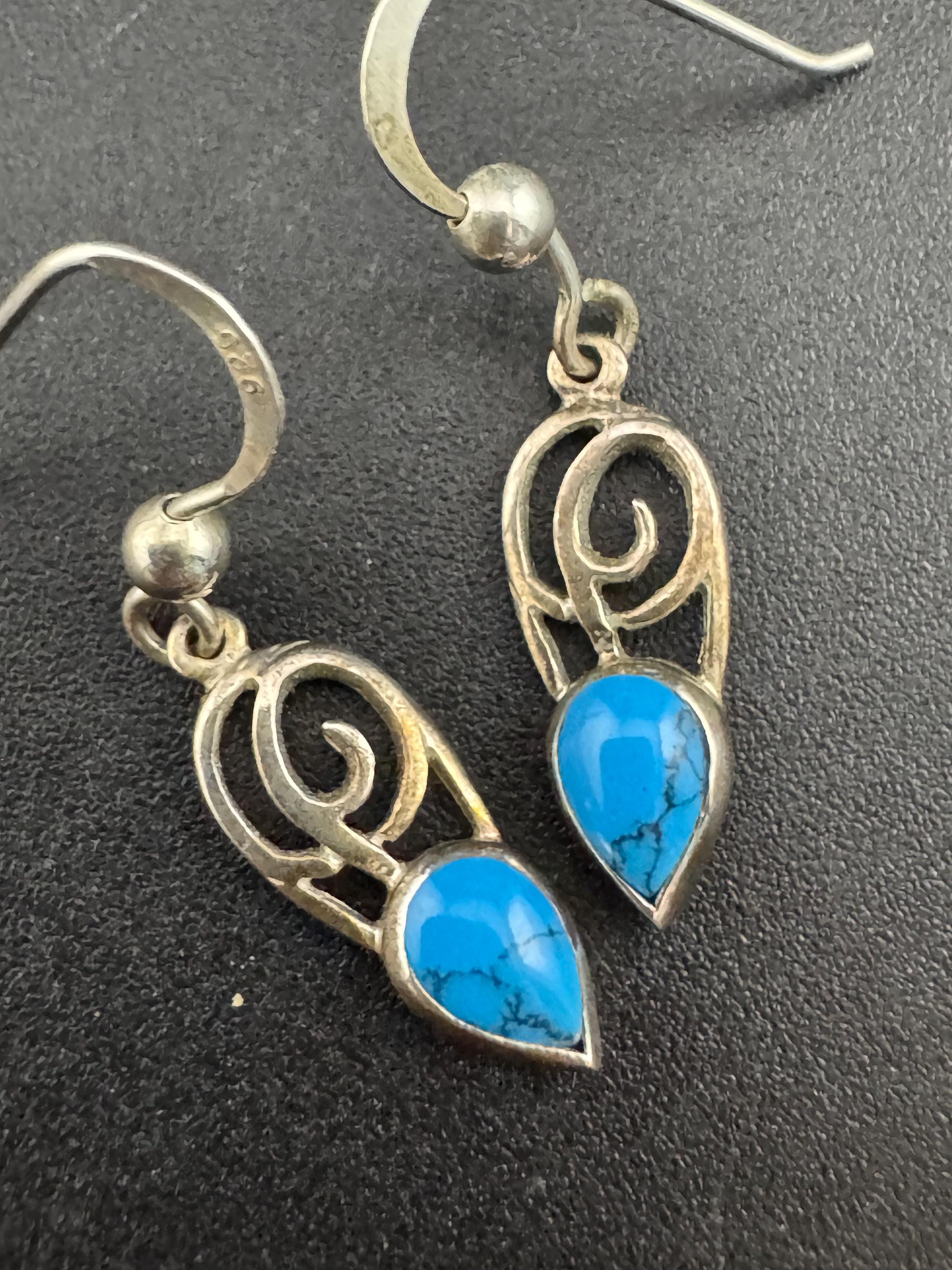 Vintage Turquoise Sterling Silver Drop Earrings: Arts & Crafts Style