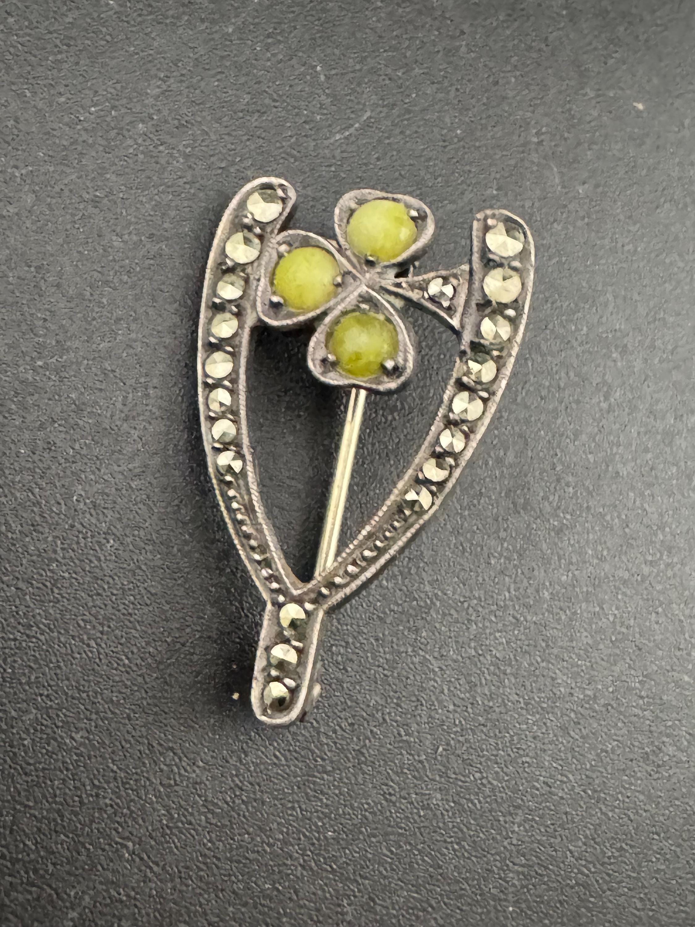 Signed Irish Lucky Wishbone Good Luck 935 sterling silver Connemara marble and marcasite brooch