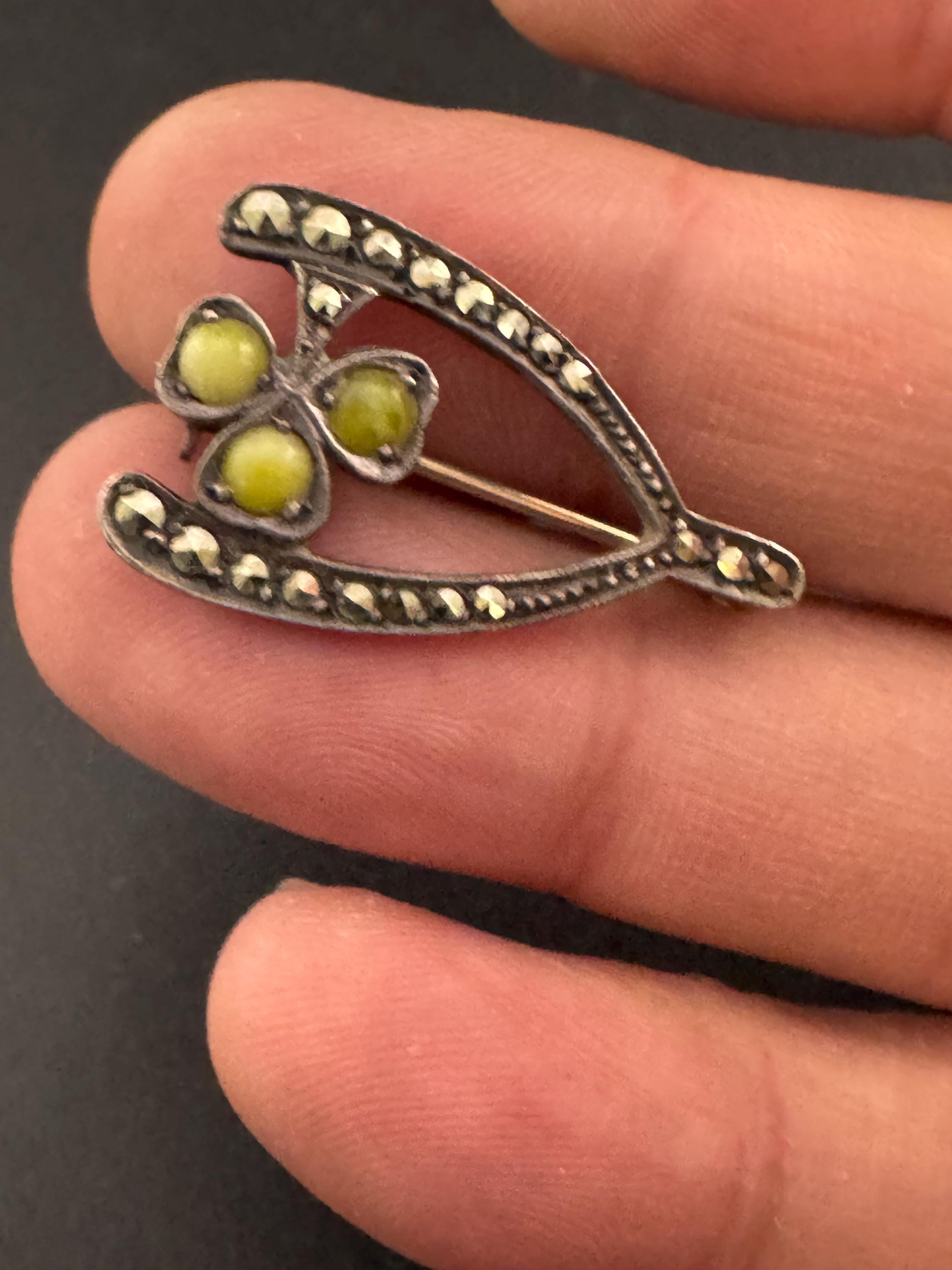 Signed Irish Lucky Wishbone Good Luck 935 sterling silver Connemara marble and marcasite brooch