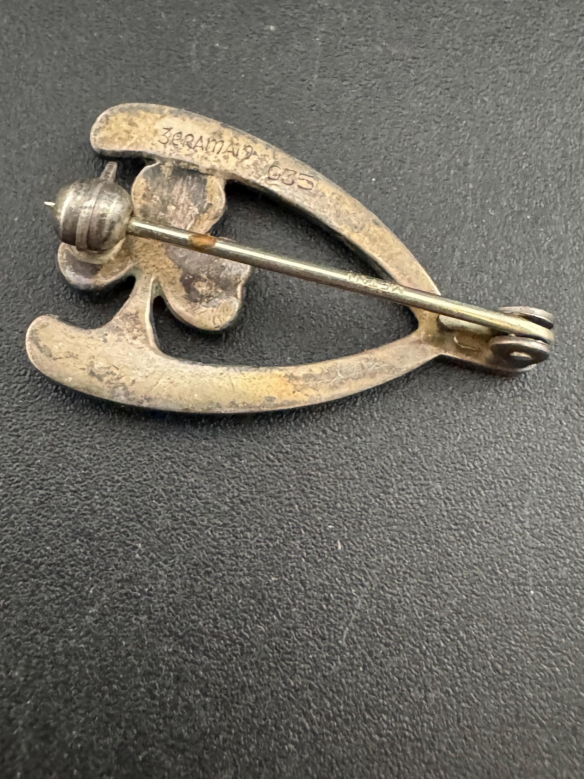 Signed Irish Lucky Wishbone Good Luck 935 sterling silver Connemara marble and marcasite brooch