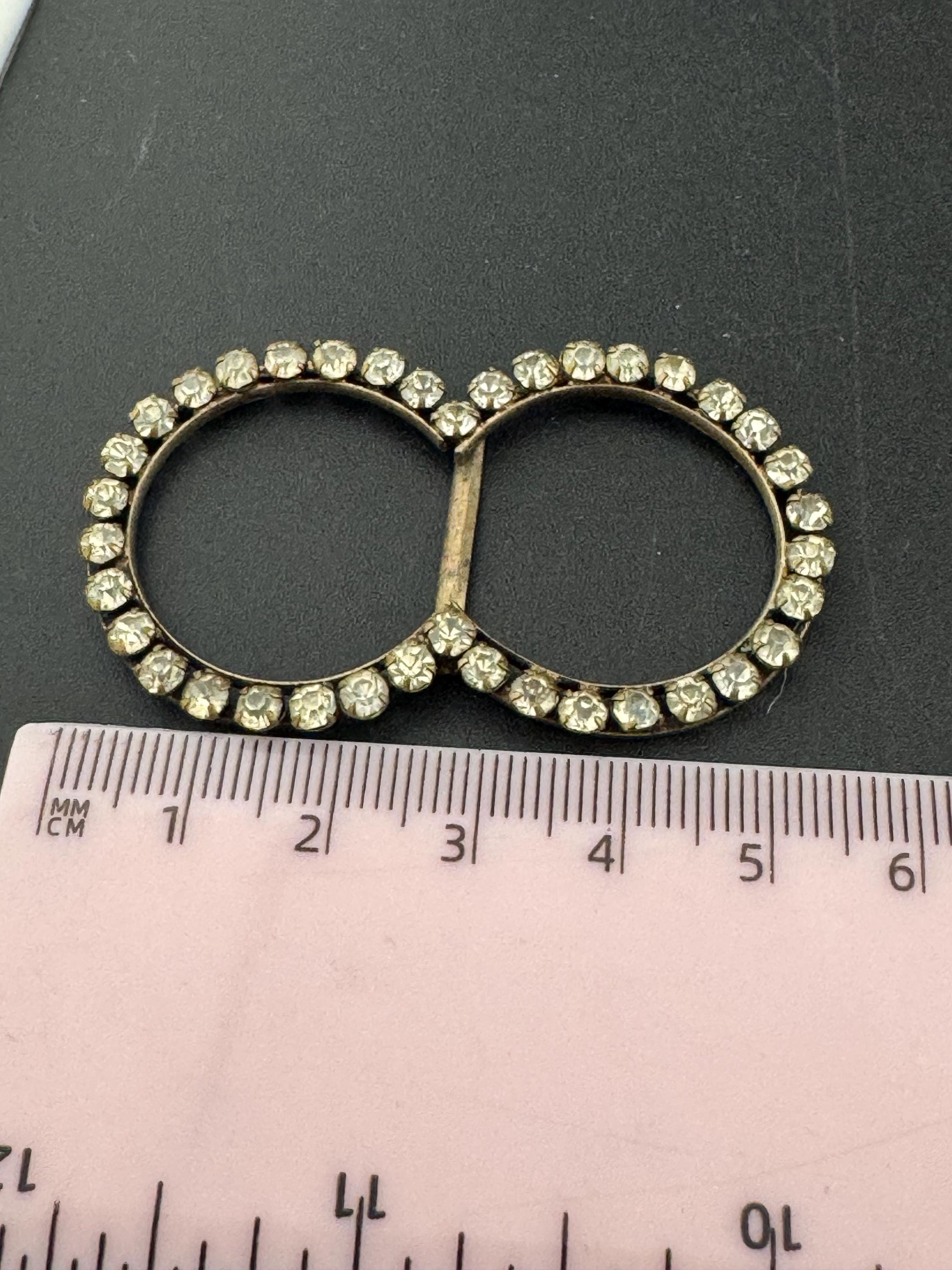 vintage Czech gold tone claw set Clear Glass Diamante double loop Belt Buckle, old paste rhinestone Wedding Sash Adornment choker Fitting