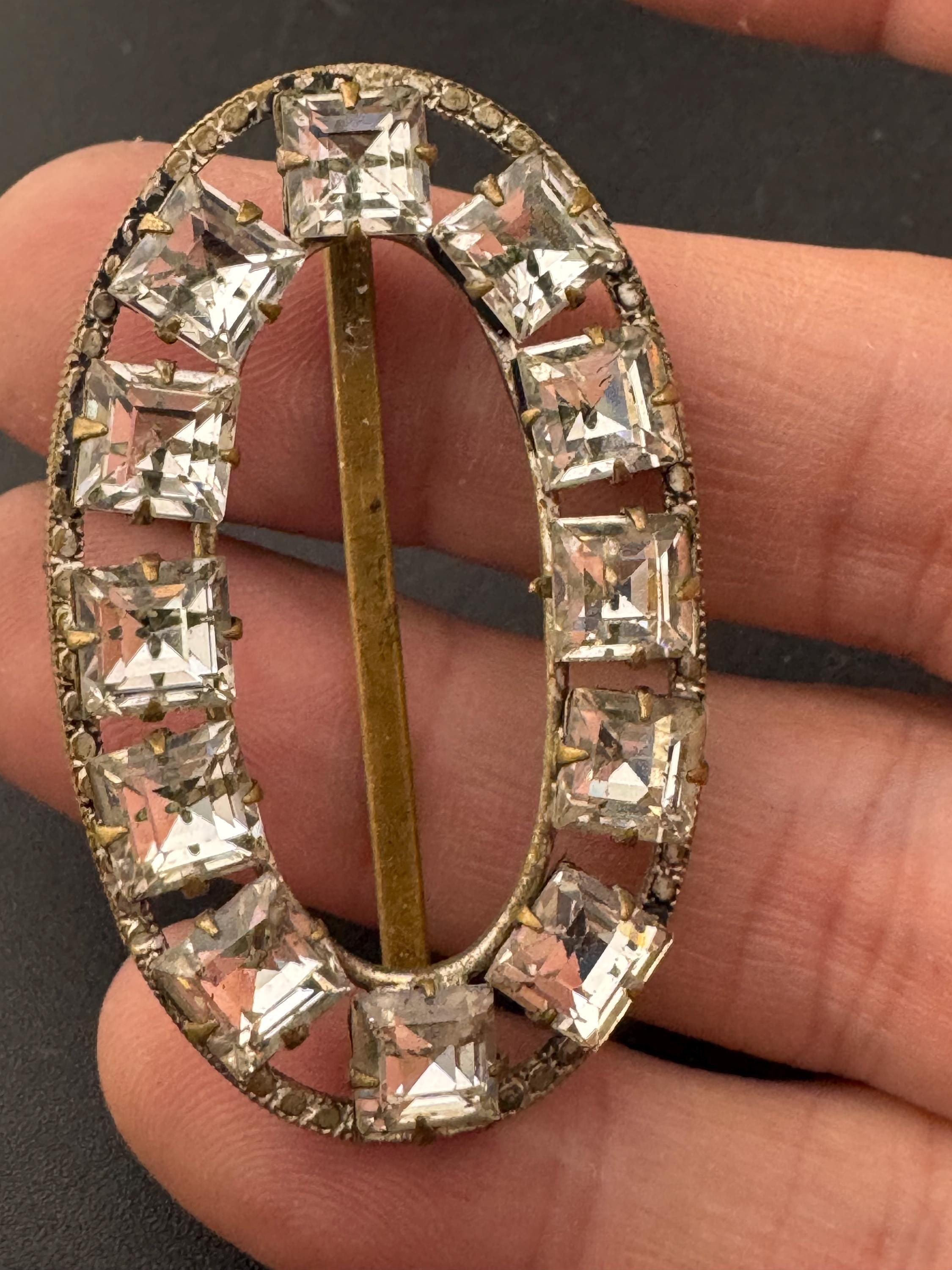 vintage Czech gold tone claw set square Clear Glass Diamante Belt Buckle, old paste rhinestone Wedding Adornment choker Fitting