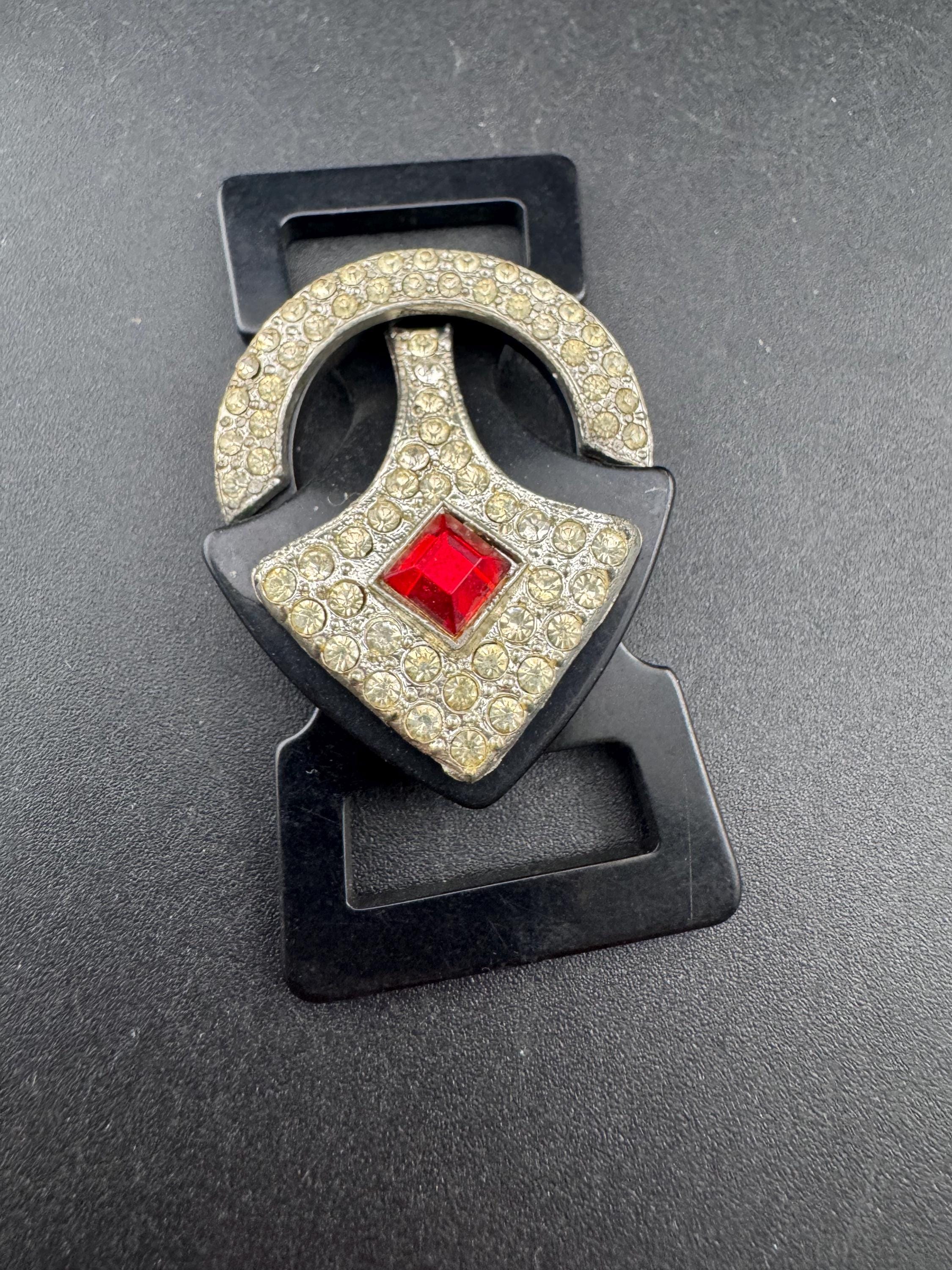Antique Art Deco Black early plastic 2 part double ruby red and clear crystal rhinestone Belt Buckle 1920s 1930s Sewing Haberdashery
