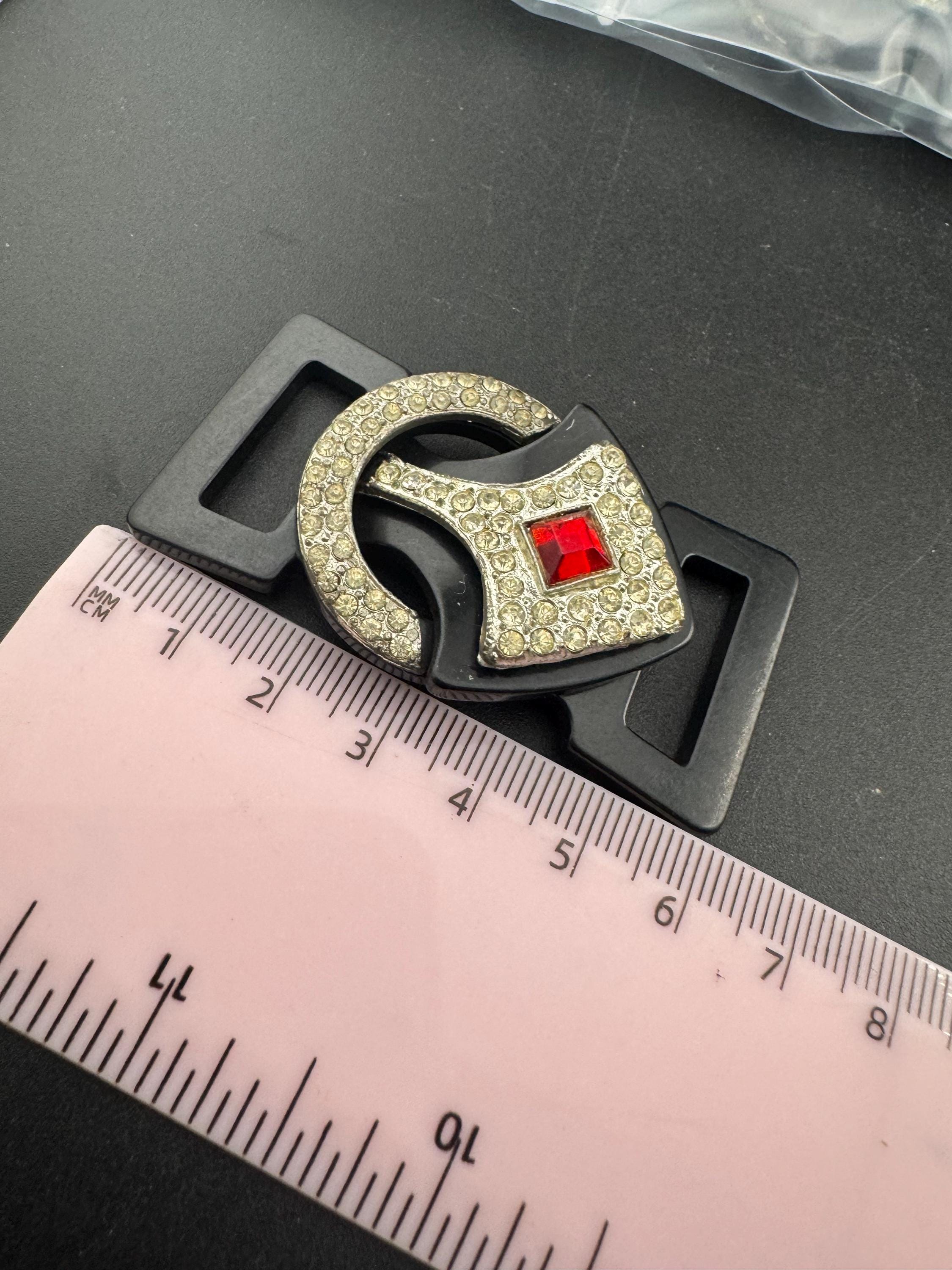 Antique Art Deco Black early plastic 2 part double ruby red and clear crystal rhinestone Belt Buckle 1920s 1930s Sewing Haberdashery
