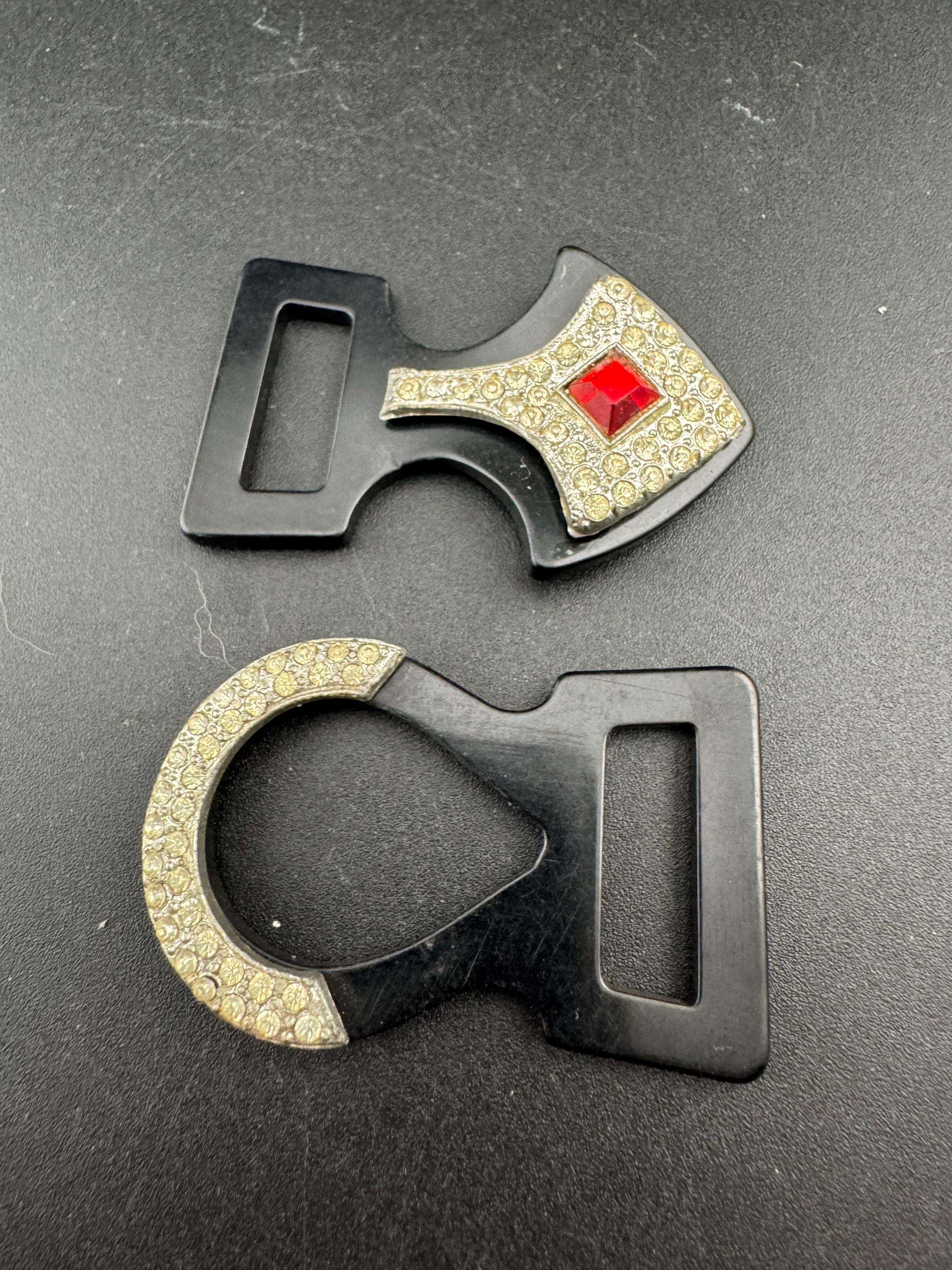Antique Art Deco Black early plastic 2 part double ruby red and clear crystal rhinestone Belt Buckle 1920s 1930s Sewing Haberdashery