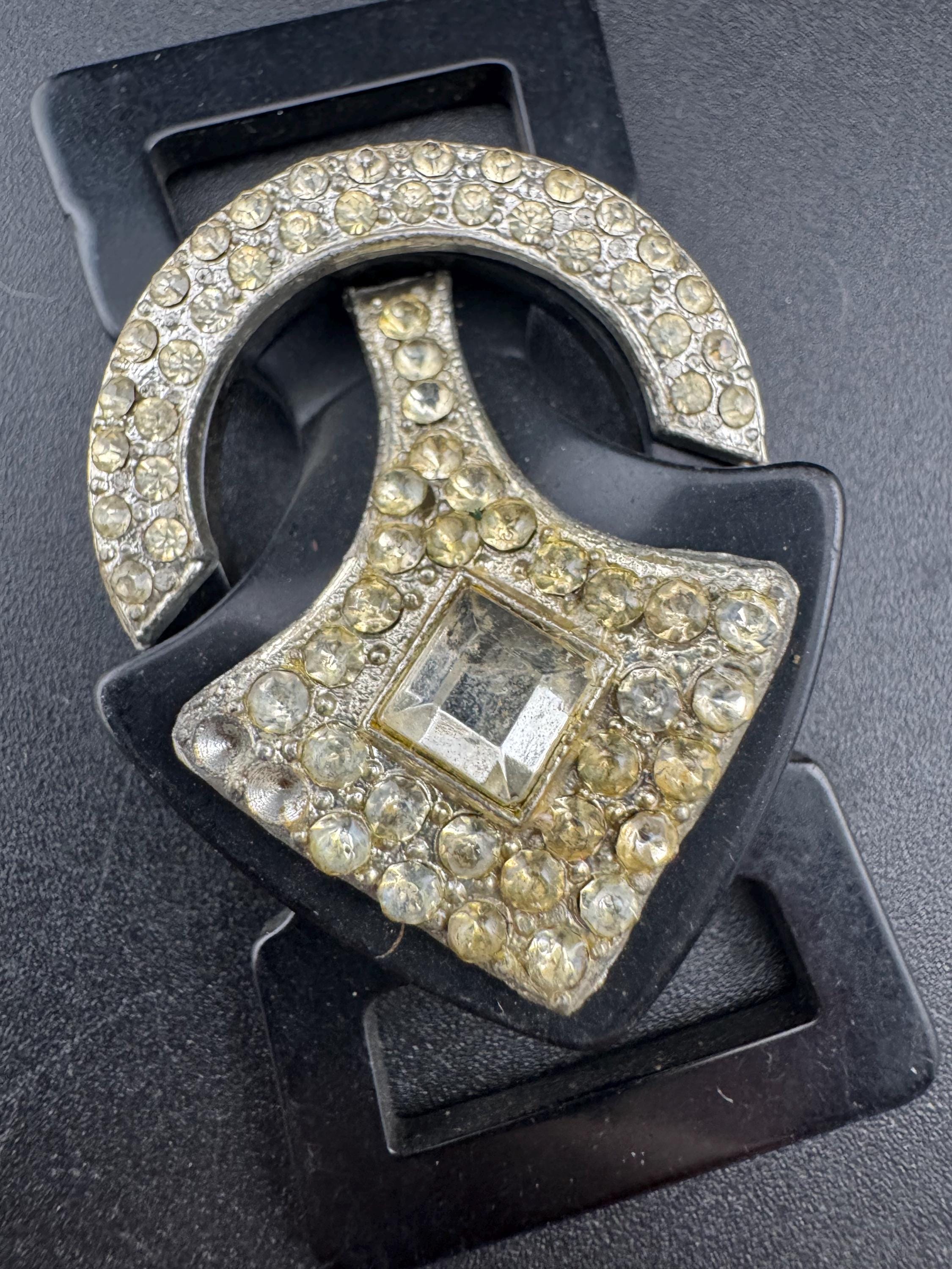 Antique Art Deco Black early plastic 2 part double geometric clear crystal rhinestone Belt Buckle 1920s 1930s Sewing Haberdashery