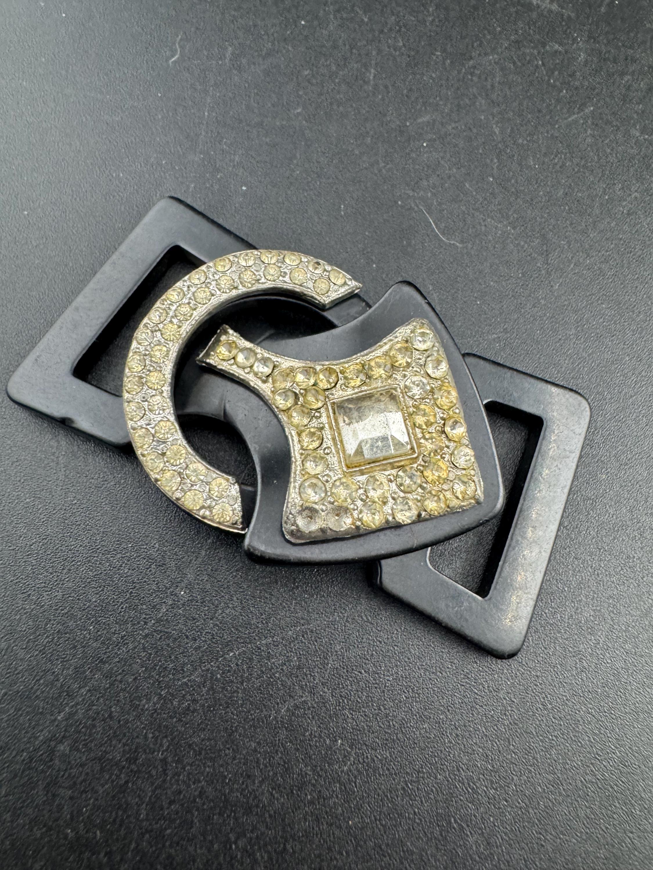Antique Art Deco Black early plastic 2 part double geometric clear crystal rhinestone Belt Buckle 1920s 1930s Sewing Haberdashery