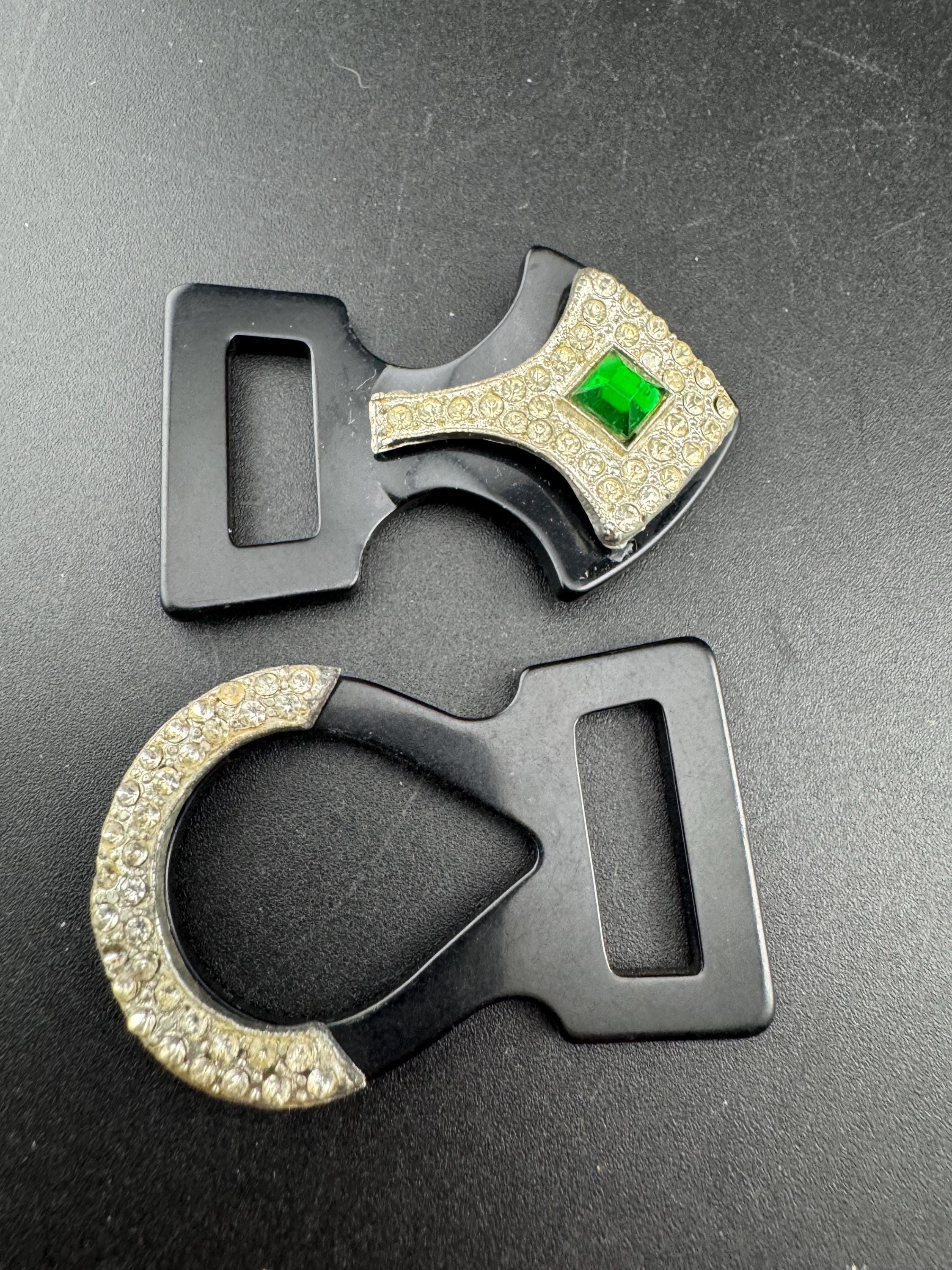 Antique Art Deco Black early plastic 2 part double emerald green and clear crystal rhinestone Belt Buckle 1920s 1930s Sewing Haberdashery