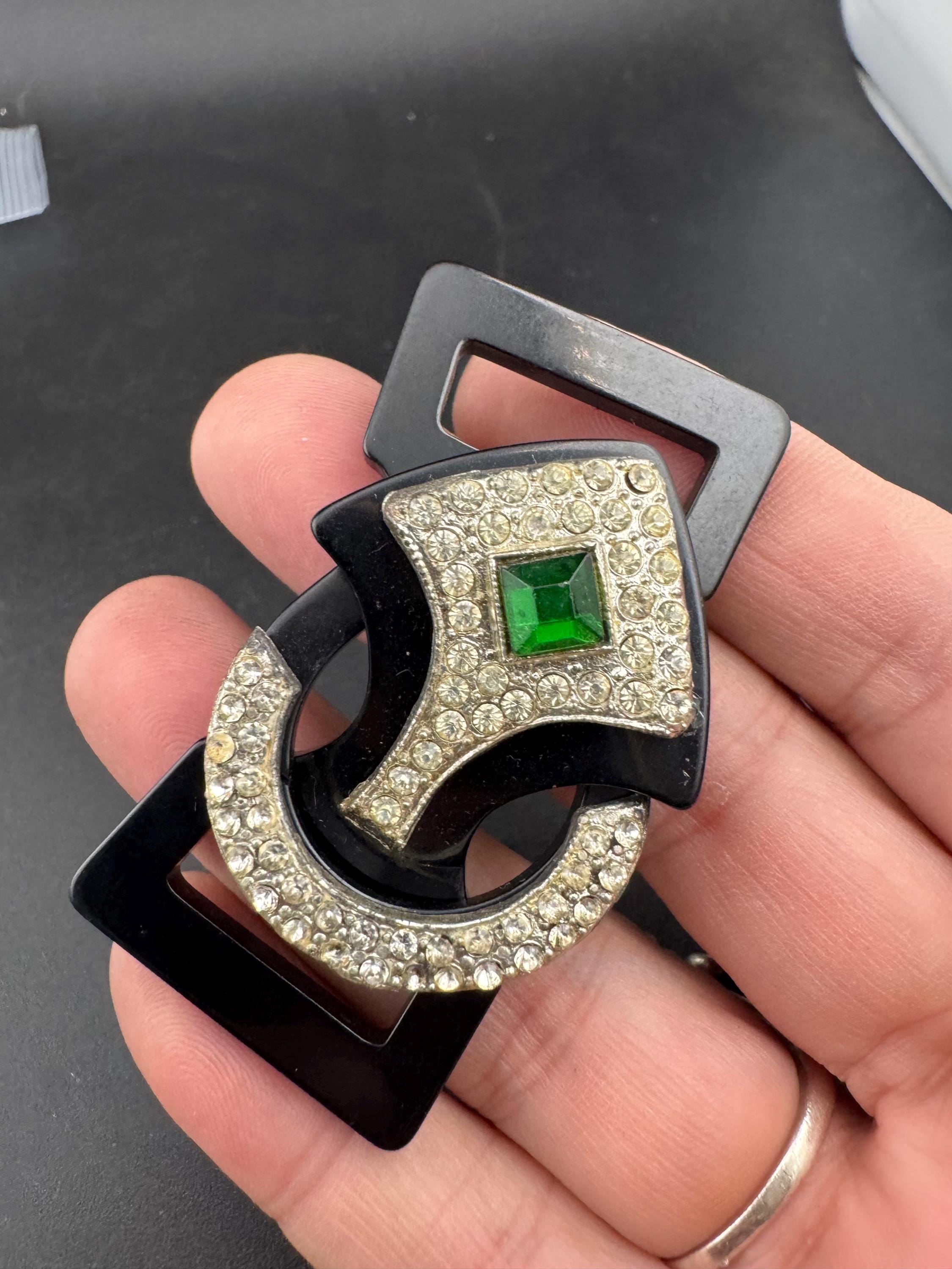 Antique Art Deco Black early plastic 2 part double emerald green and clear crystal rhinestone Belt Buckle 1920s 1930s Sewing Haberdashery