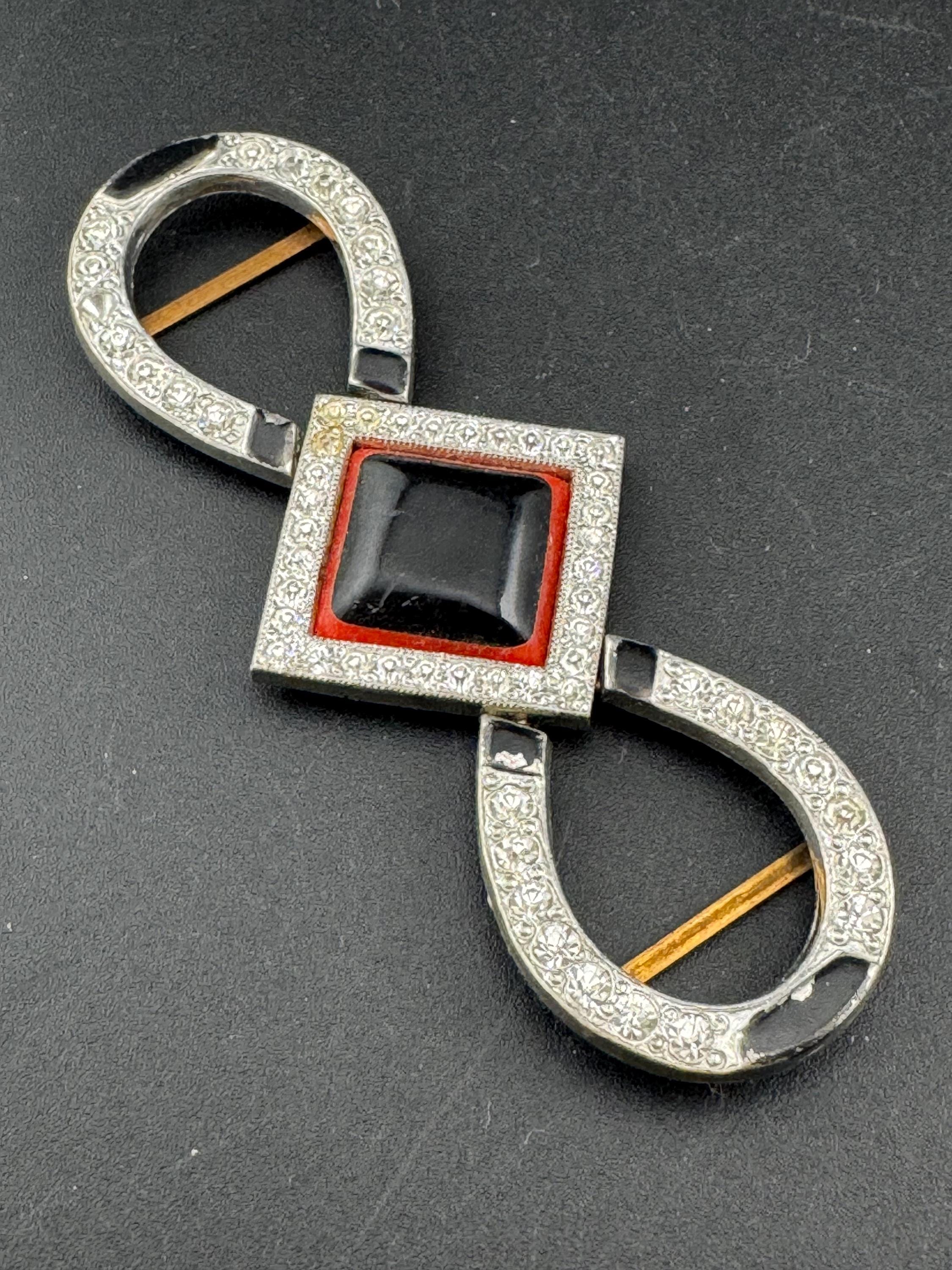 Antique Czech Art Deco black and red early plastic double 2 part crystal Belt Buckle paste rhinestone Bridal Wedding Sash Adornment