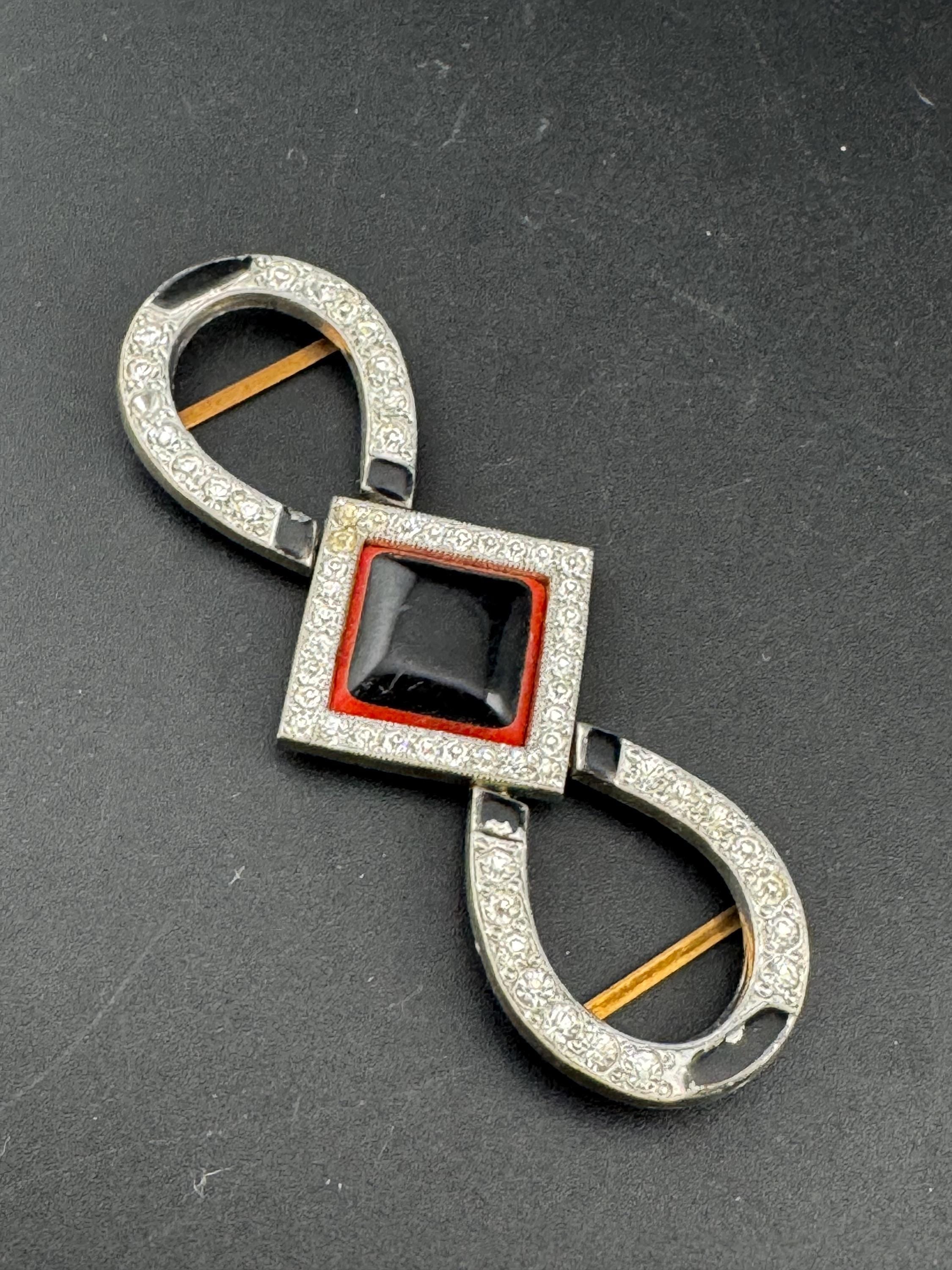 Antique Czech Art Deco black and red early plastic double 2 part crystal Belt Buckle paste rhinestone Bridal Wedding Sash Adornment