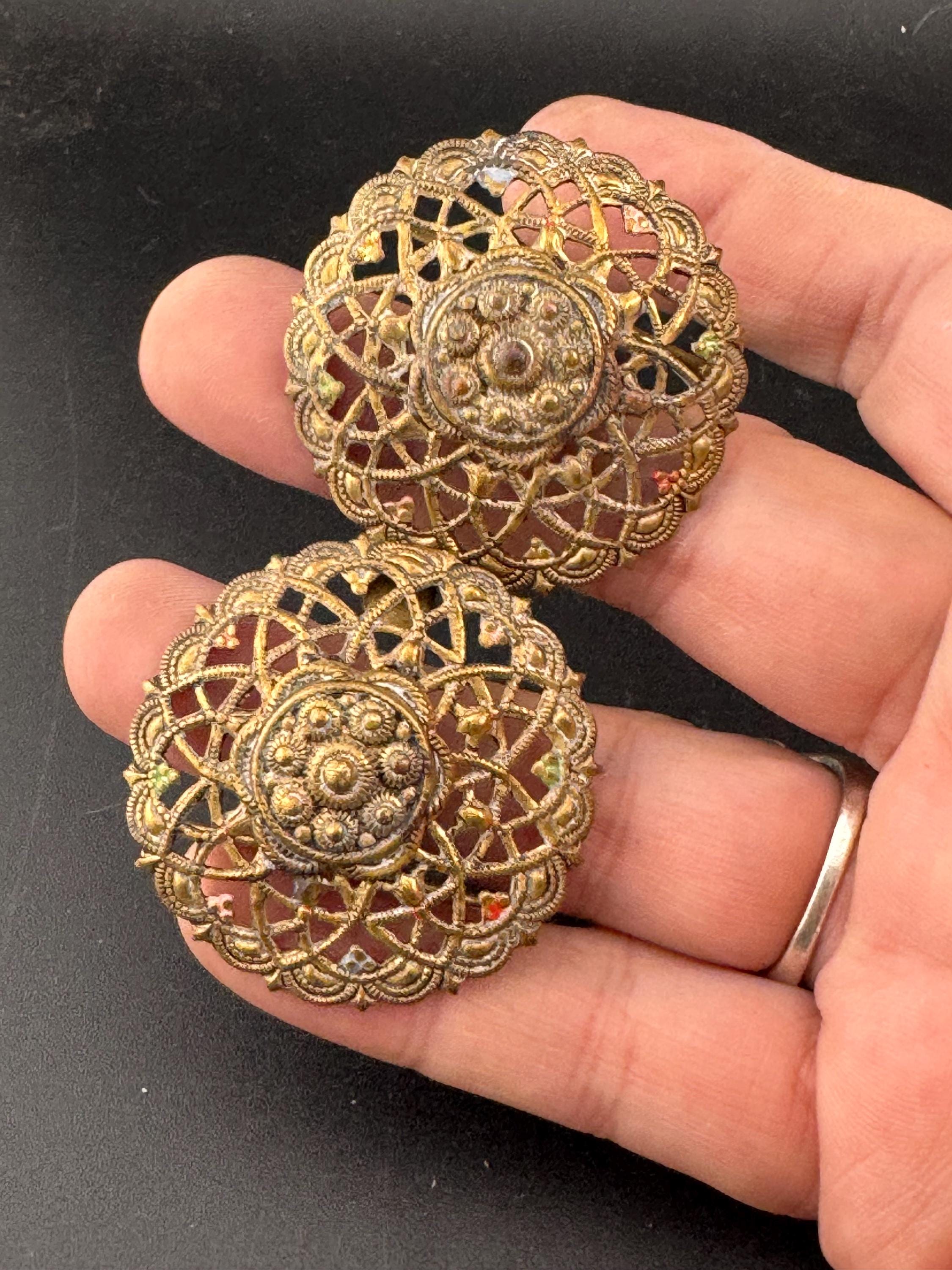 2 part belt buckle Antique filigree brass work gold tone domed Metal Vintage Belt buckle Dressmaking vintage couture steampunk
