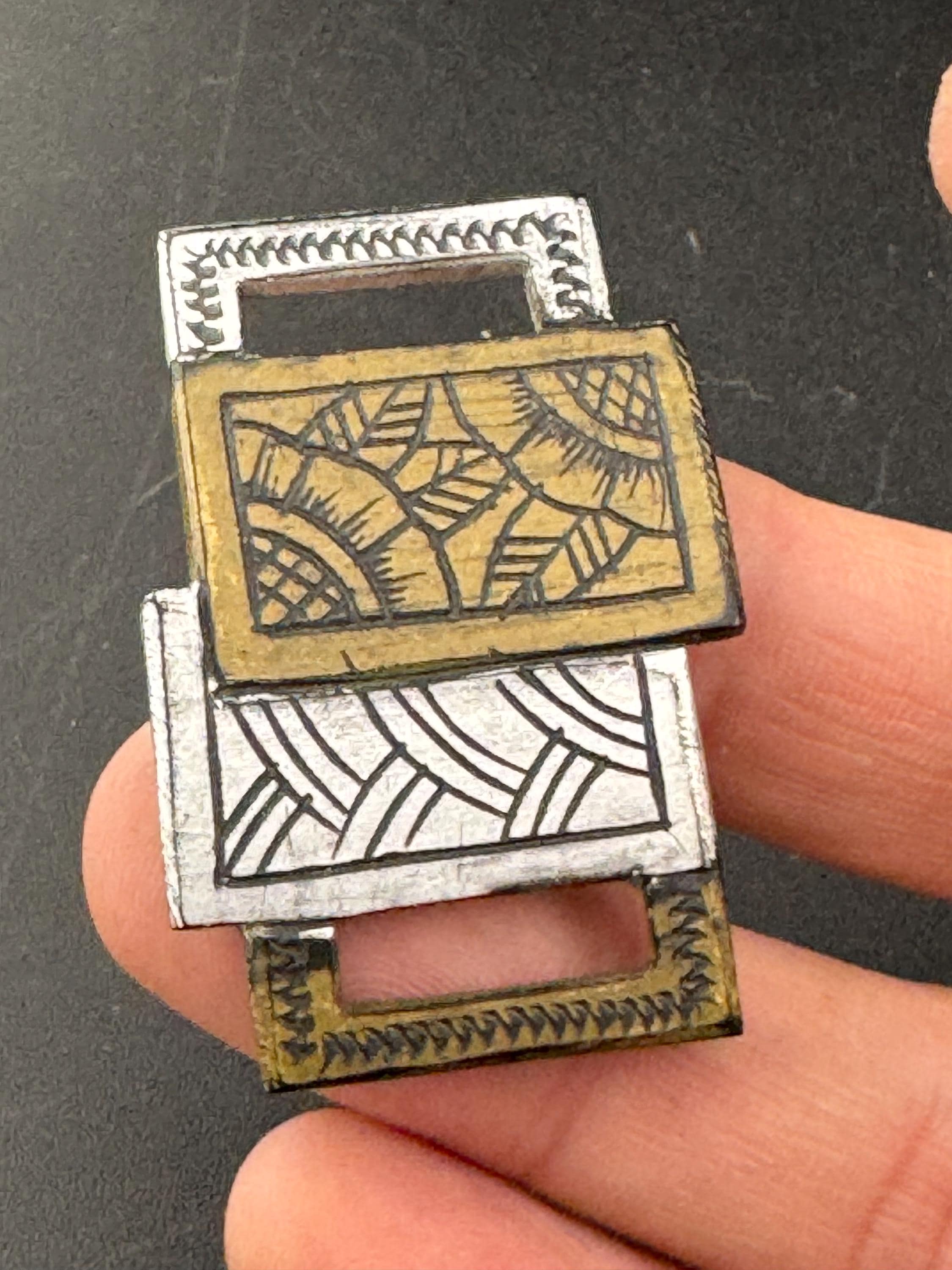 Vintage Art Deco 2 part BROWN silver early plastic carved double belt buckle