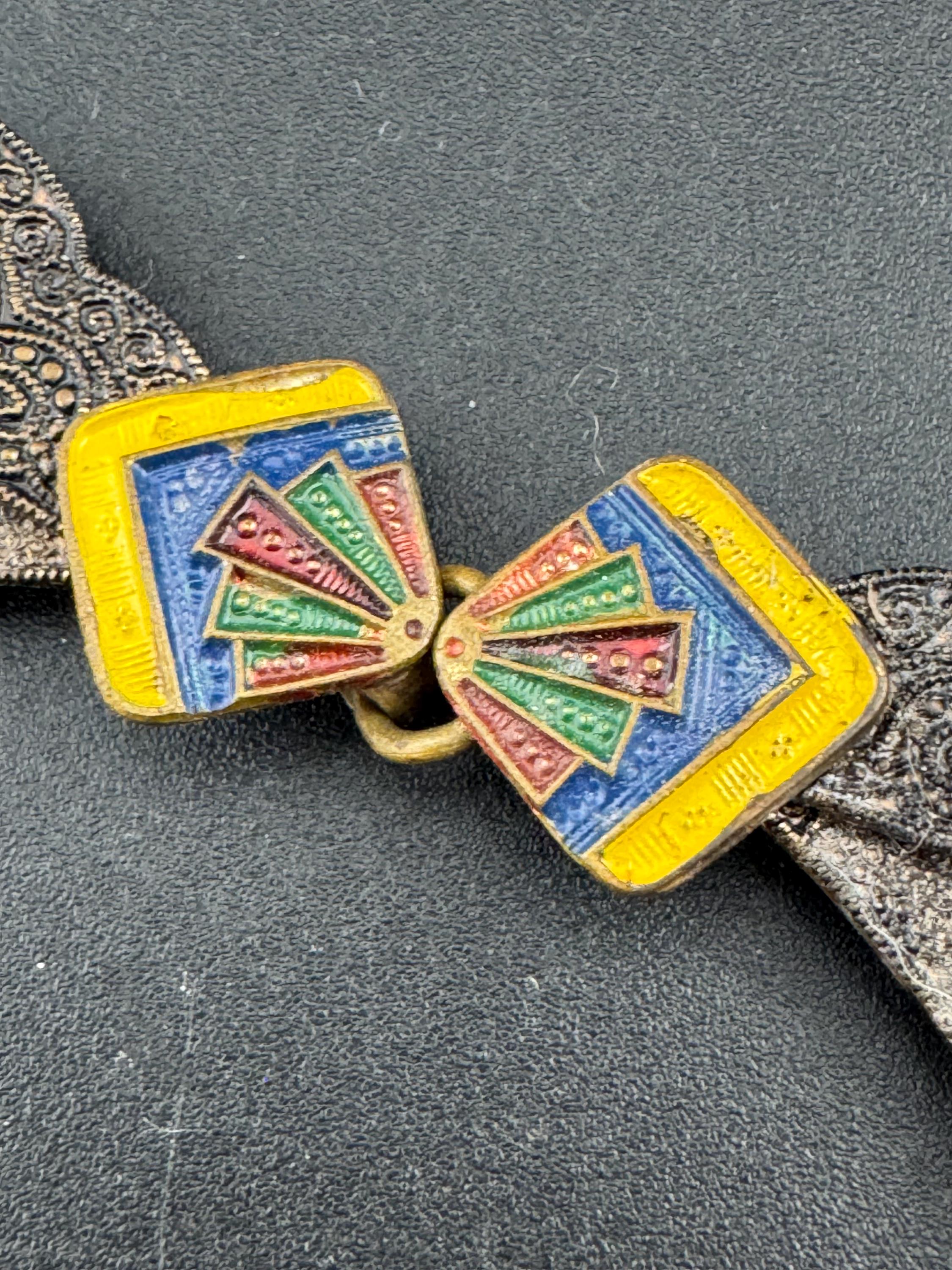 Antique Art Deco Cloisonne Enamel Belt Buckle: Yellow & Blue, 1920s