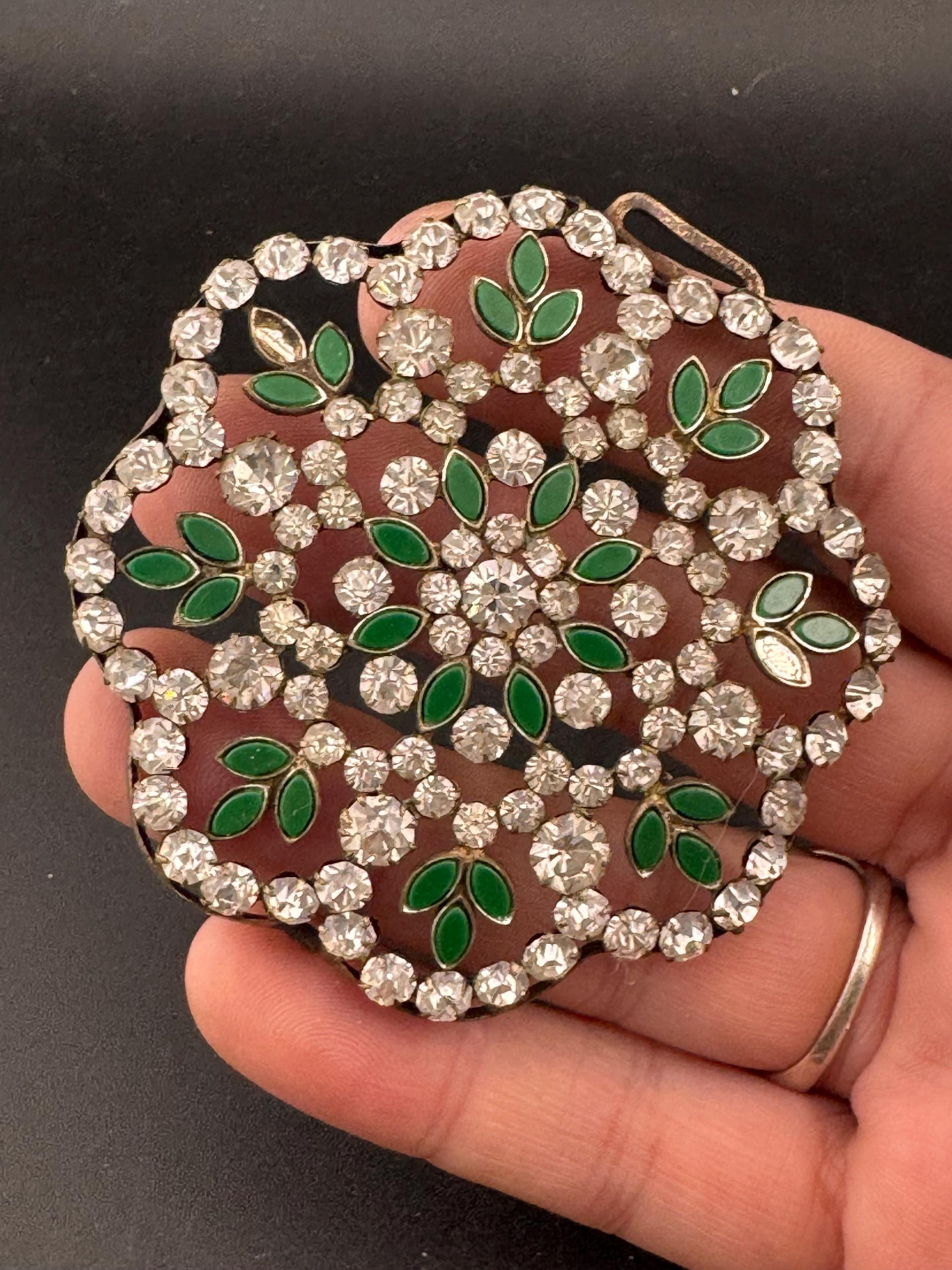 Antique large flower shaped emerald green enamel glass diamanté sew on embellishment