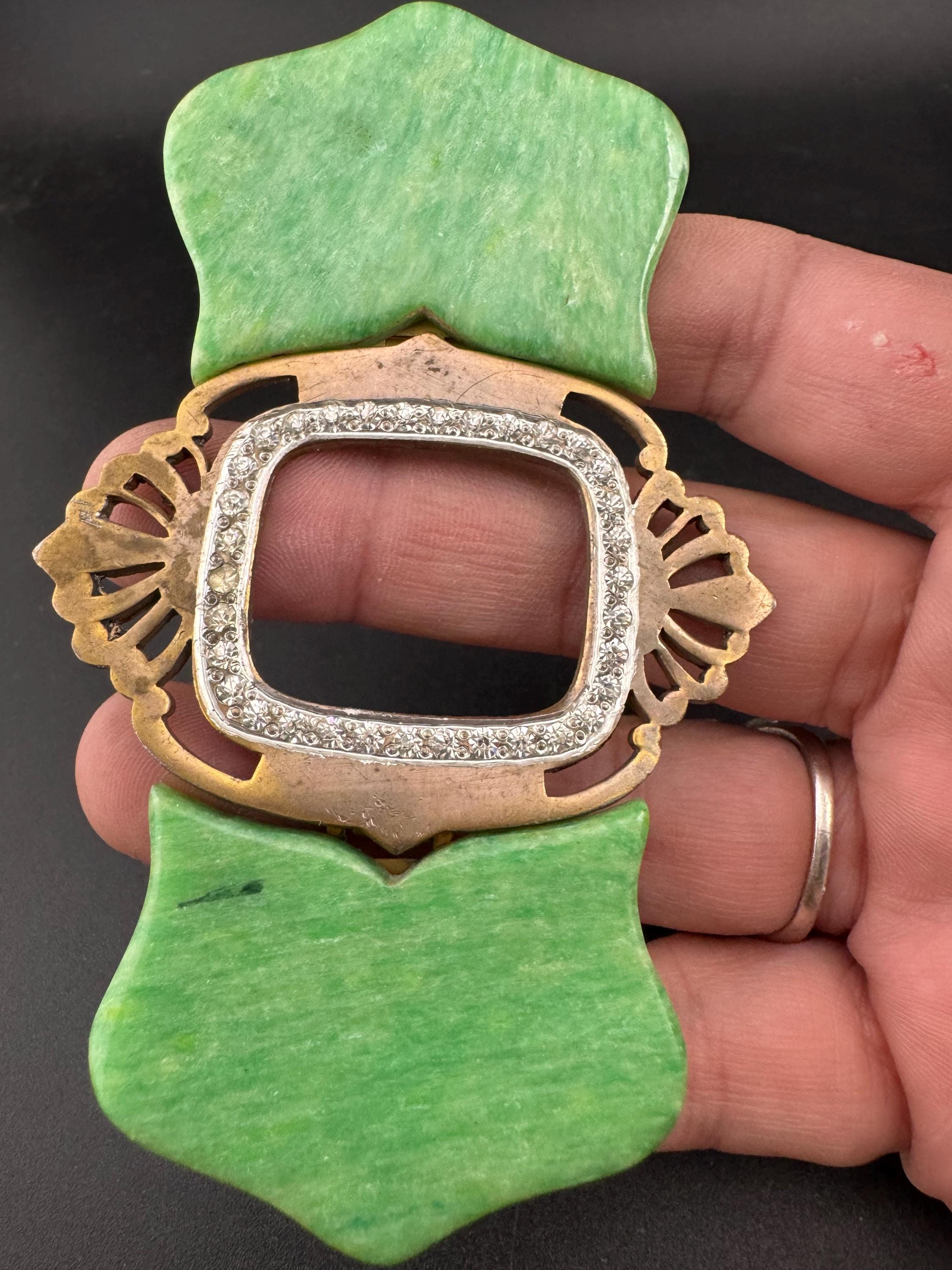 Art Deco Green Bakelite Belt Buckle: Diamanté Nouveau Style