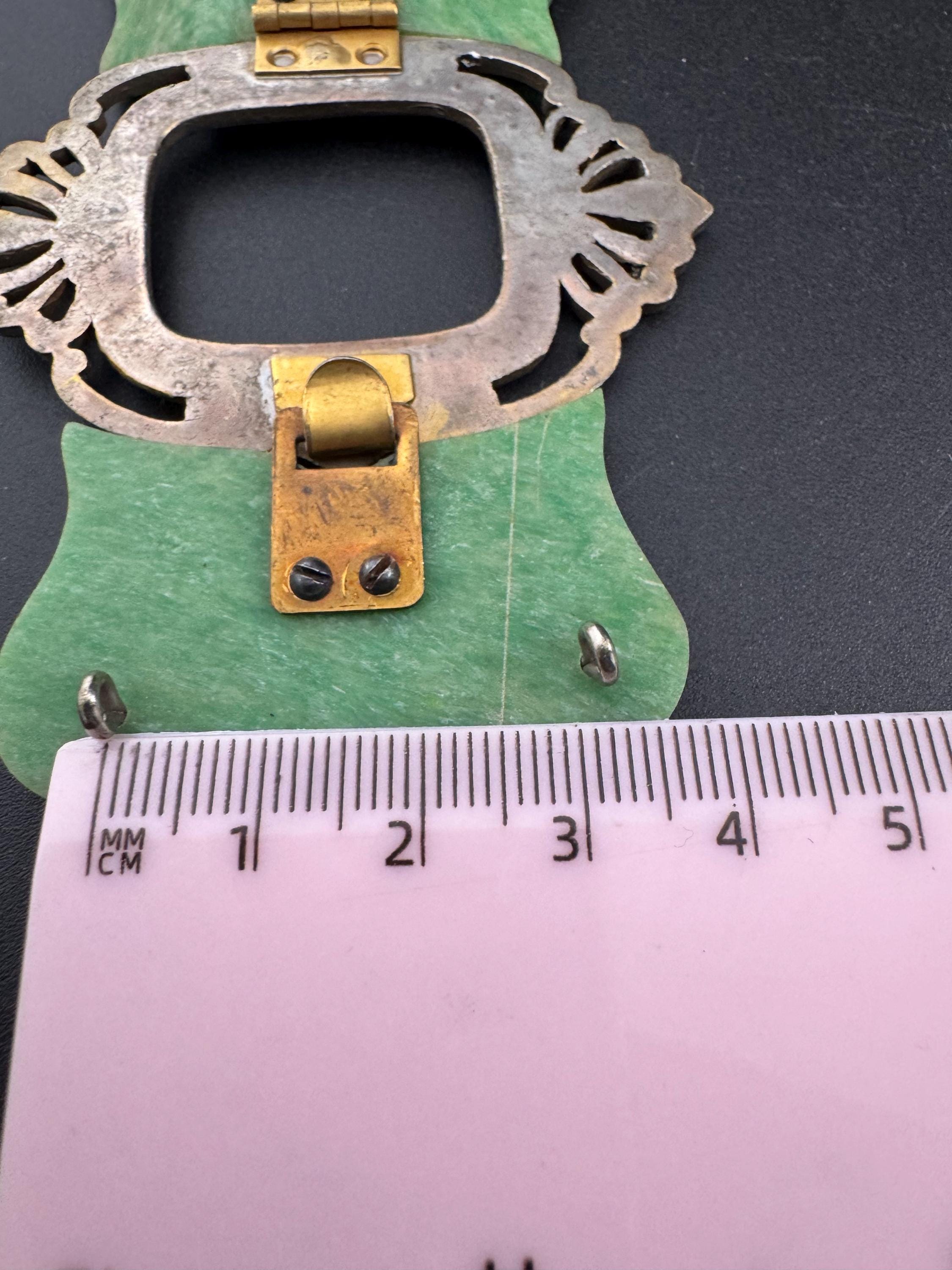 Art Deco Green Bakelite Belt Buckle: Diamanté Nouveau Style