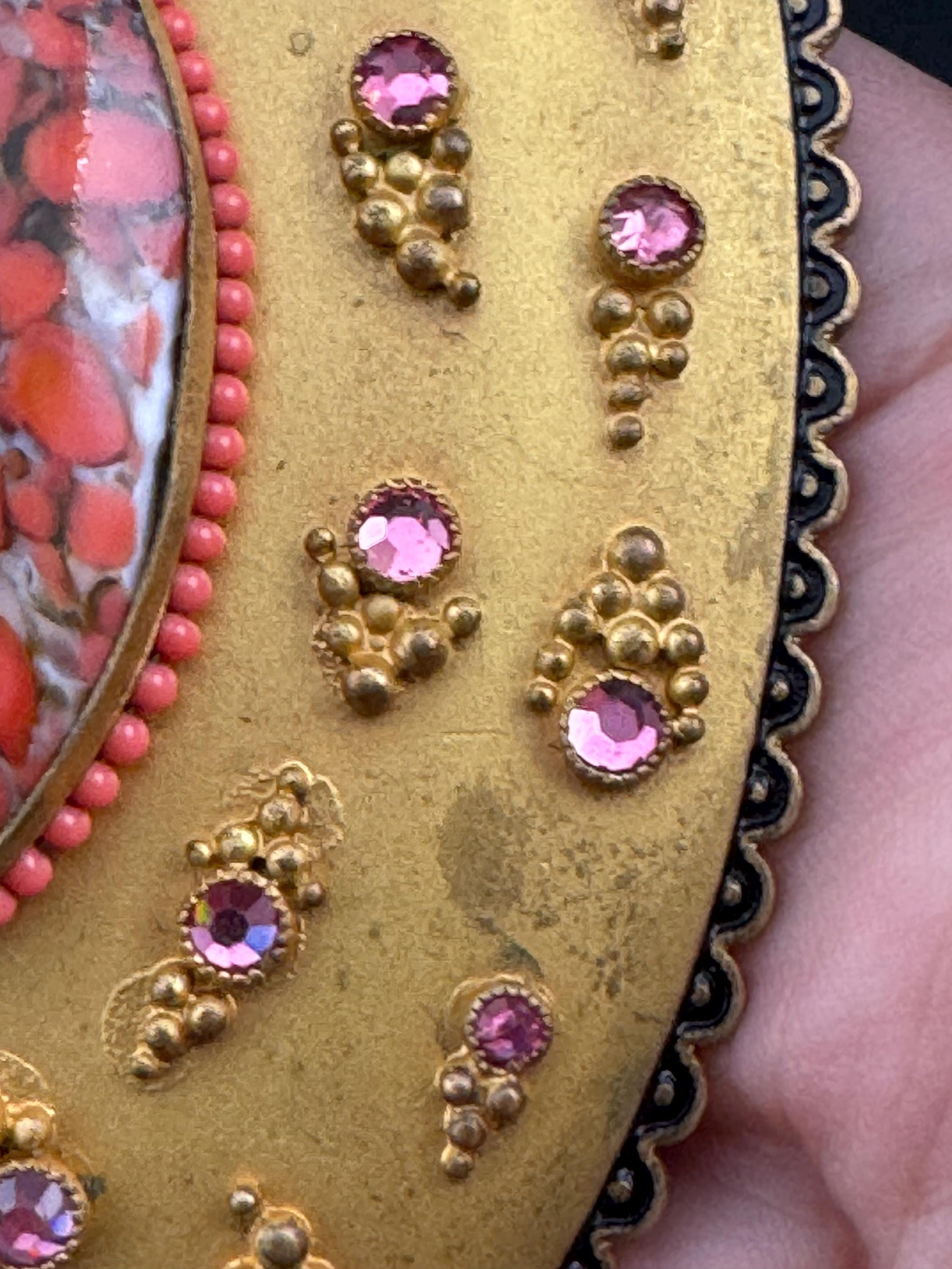 Oversized XL Antique Czech gold Gilt Ormolu pink rhinestone red cabochon oval metal Belt Buckle Georgian Victorian