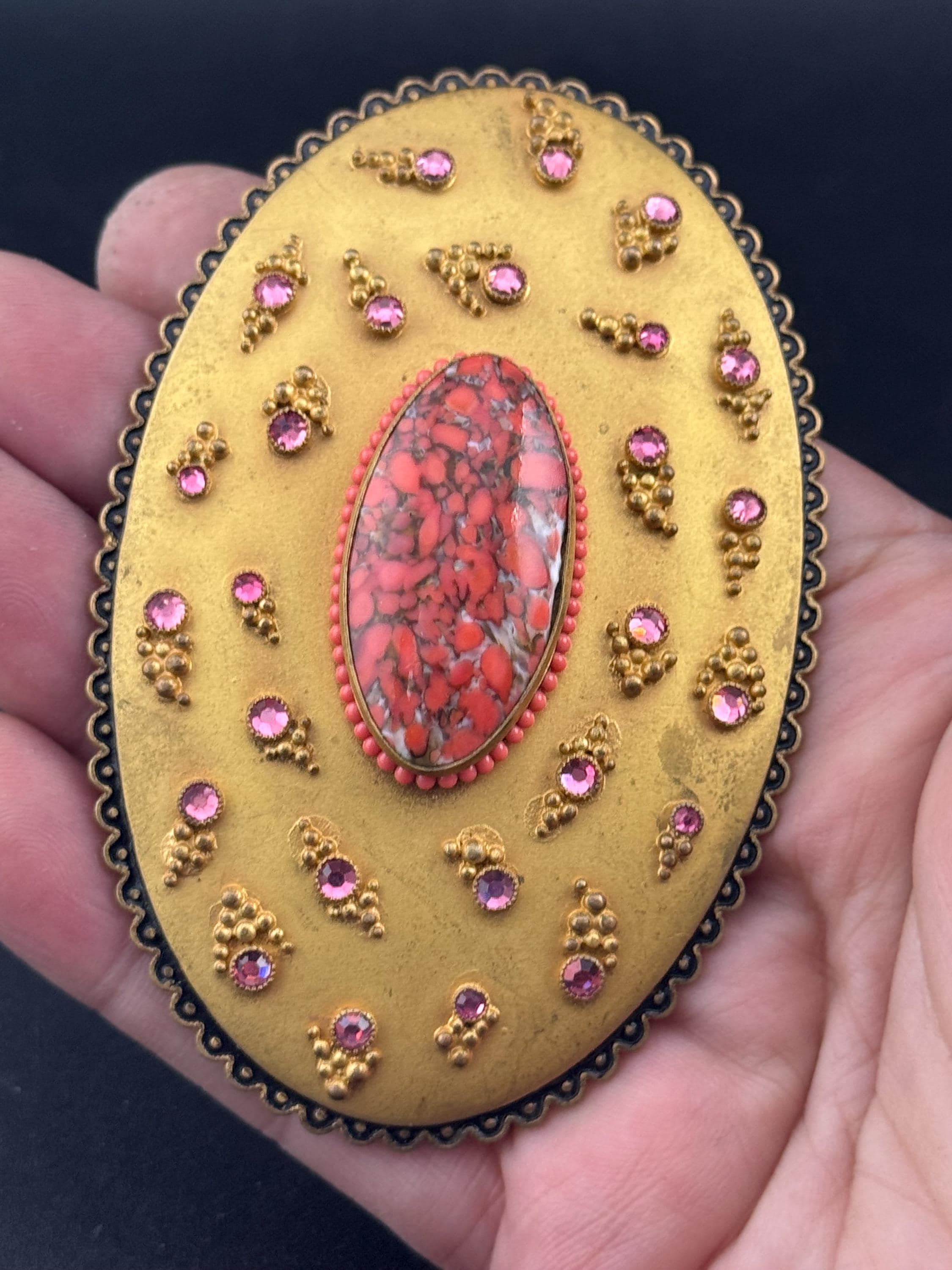 Oversized XL Antique Czech gold Gilt Ormolu pink rhinestone red cabochon oval metal Belt Buckle Georgian Victorian