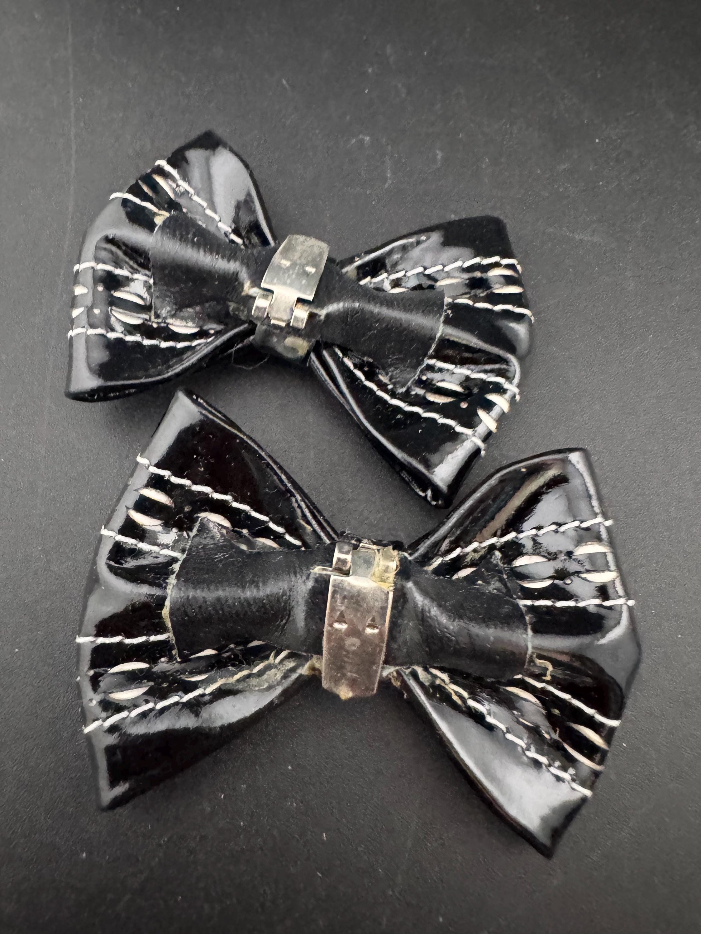 pair of Black and white monochrome patent ribbon BOW shoe clips