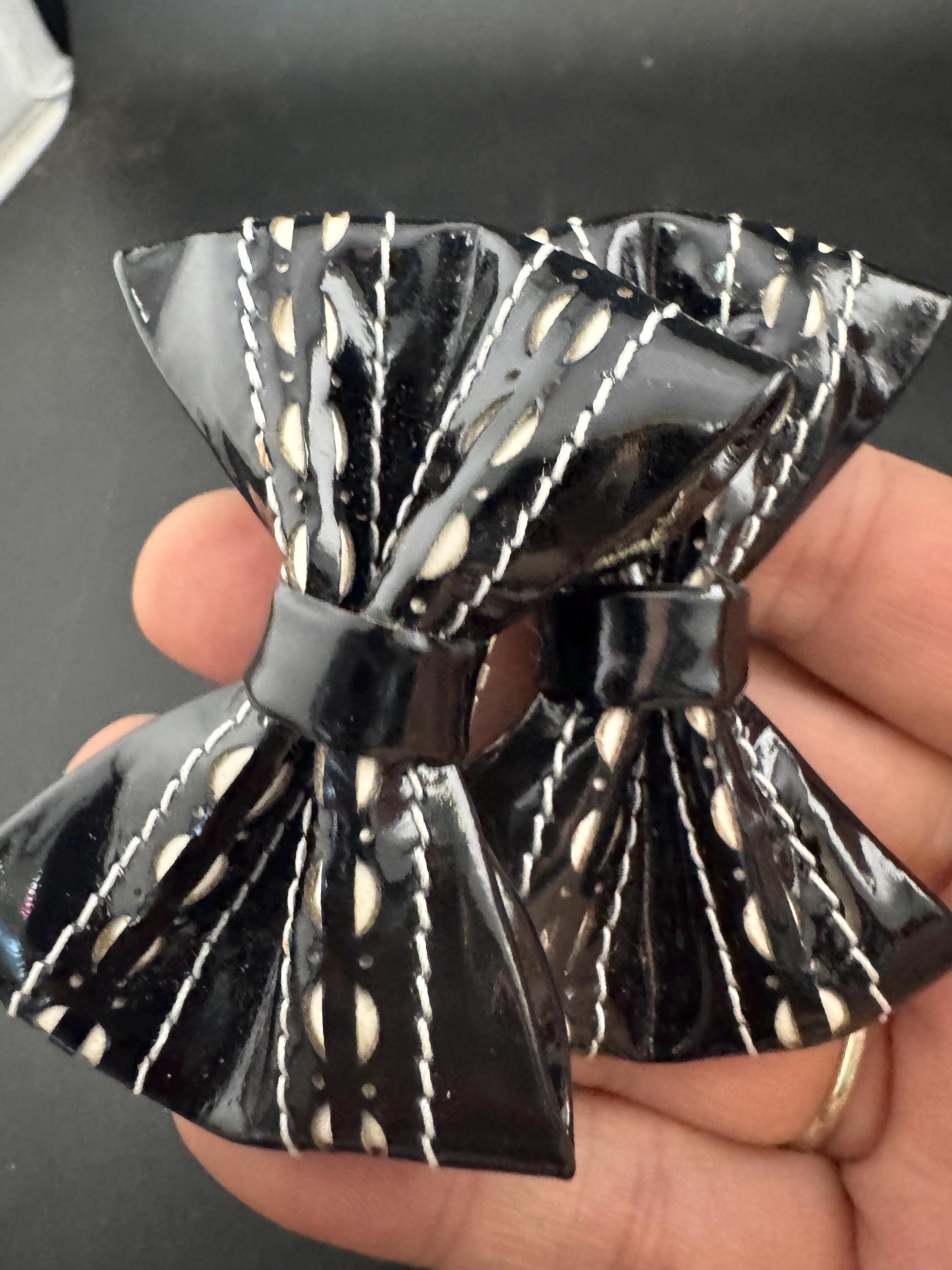 pair of Black and white monochrome patent ribbon BOW shoe clips